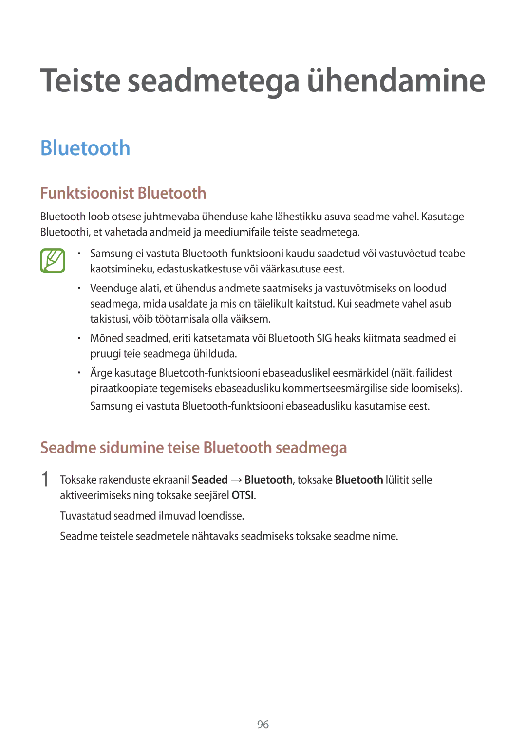 Samsung SM-A500FZDUSEB manual Funktsioonist Bluetooth, Seadme sidumine teise Bluetooth seadmega 