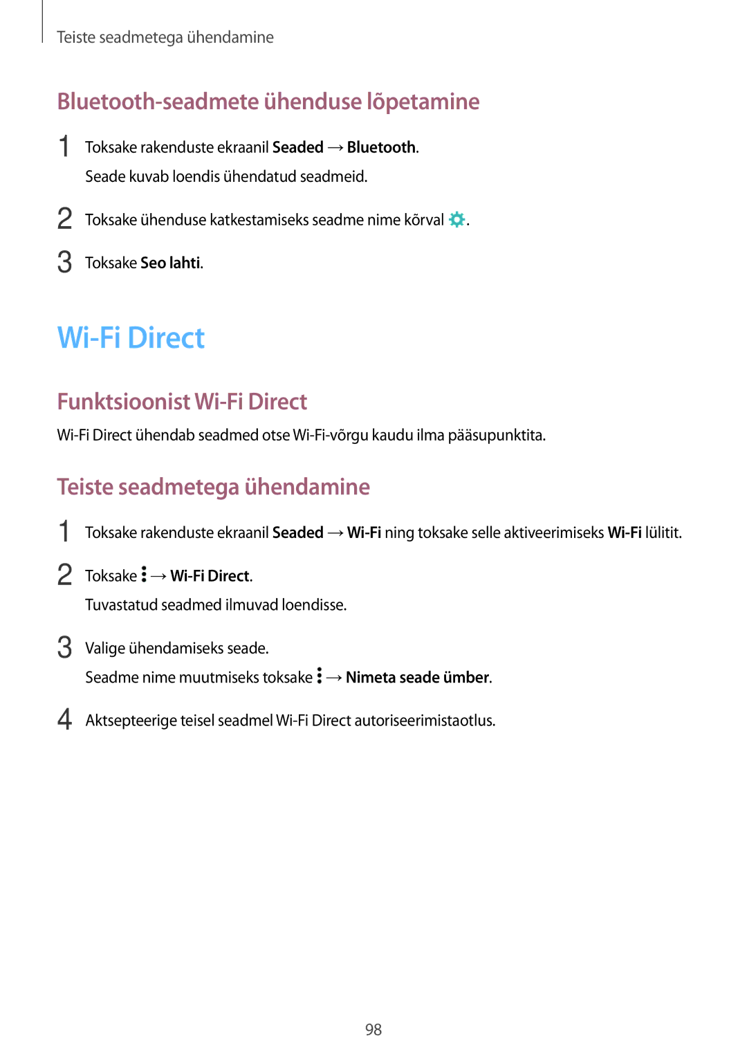 Samsung SM-A500FZDUSEB manual Bluetooth-seadmete ühenduse lõpetamine, Funktsioonist Wi-Fi Direct 