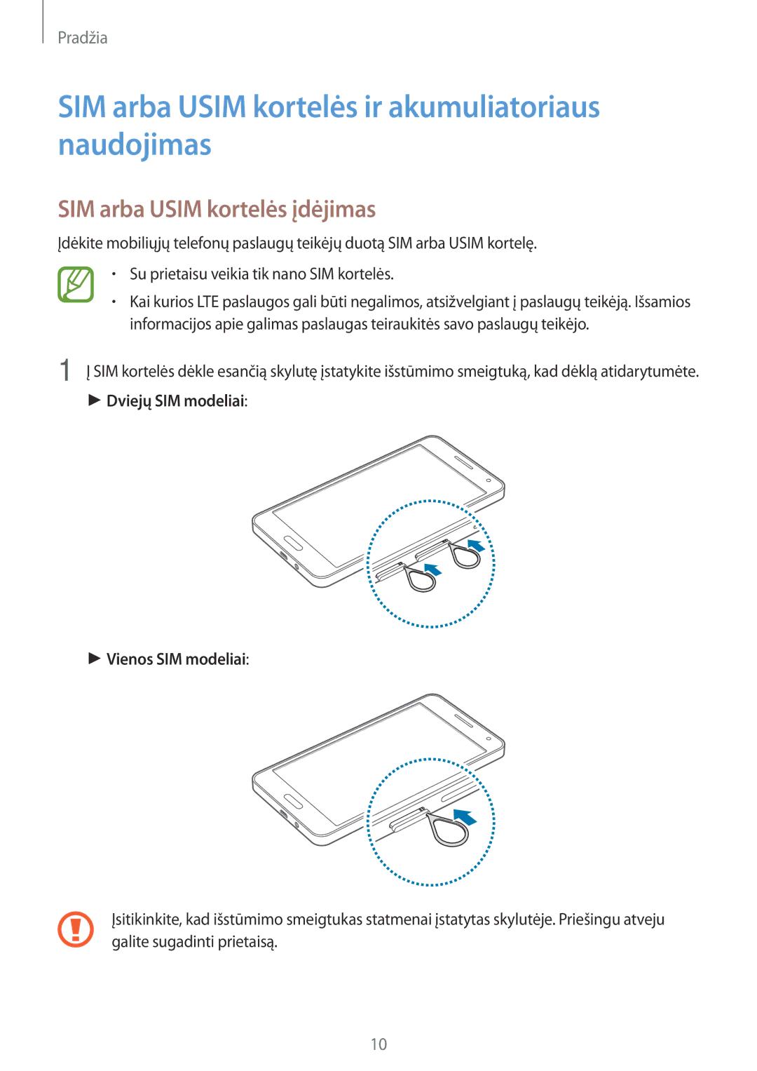 Samsung SM-A500FZDUSEB manual SIM arba Usim kortelės ir akumuliatoriaus naudojimas, SIM arba Usim kortelės įdėjimas 