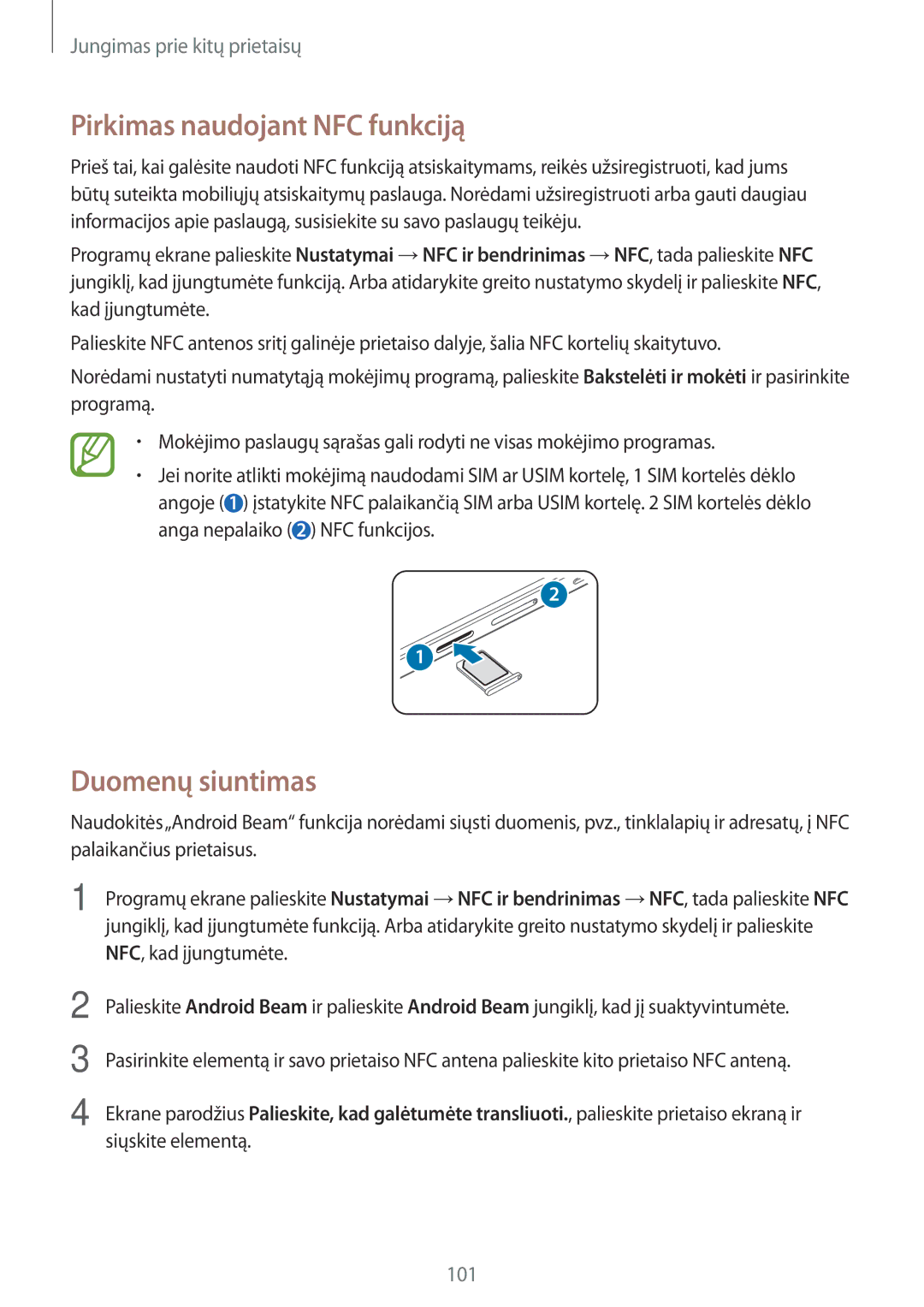 Samsung SM-A500FZDUSEB manual Pirkimas naudojant NFC funkciją, Duomenų siuntimas 