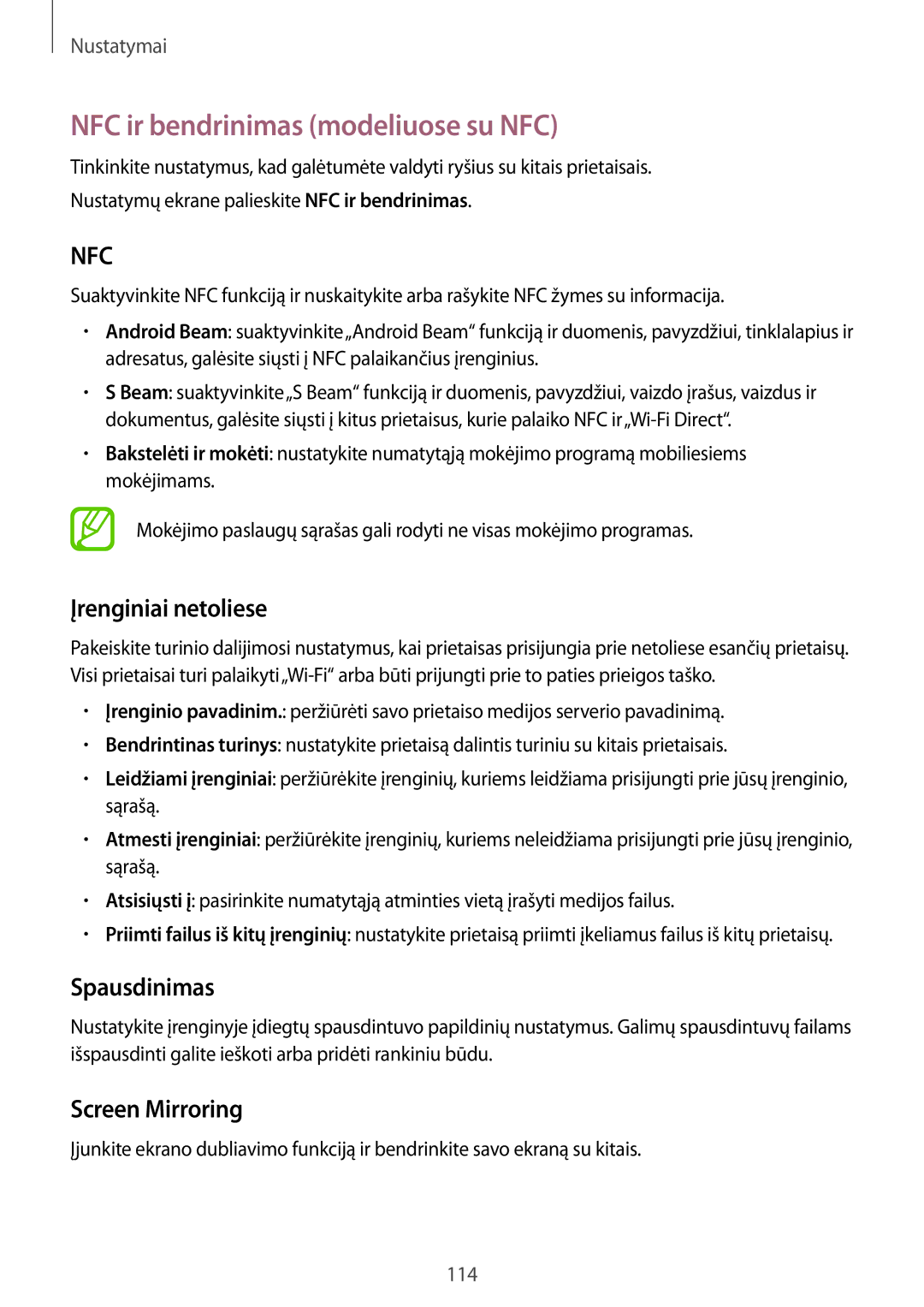 Samsung SM-A500FZDUSEB manual NFC ir bendrinimas modeliuose su NFC, Įrenginiai netoliese, Spausdinimas, Screen Mirroring 