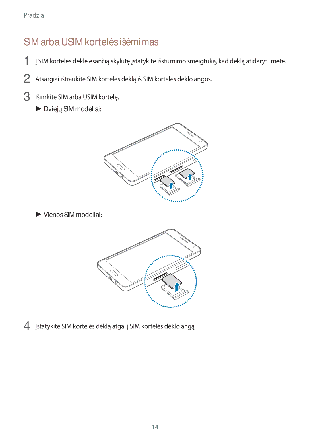 Samsung SM-A500FZDUSEB manual SIM arba Usim kortelės išėmimas 