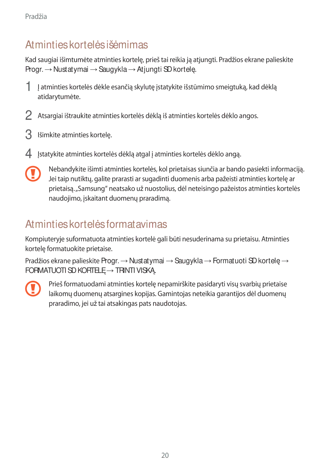 Samsung SM-A500FZDUSEB manual Atminties kortelės išėmimas, Atminties kortelės formatavimas 