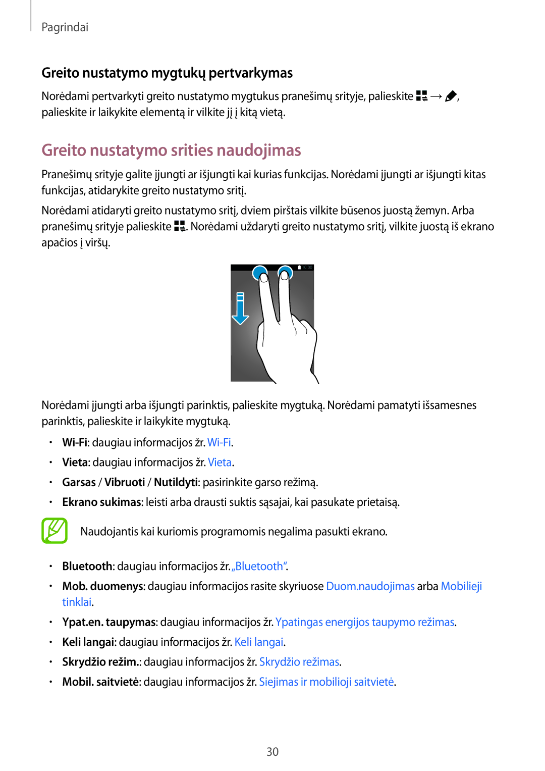 Samsung SM-A500FZDUSEB manual Greito nustatymo srities naudojimas, Greito nustatymo mygtukų pertvarkymas 