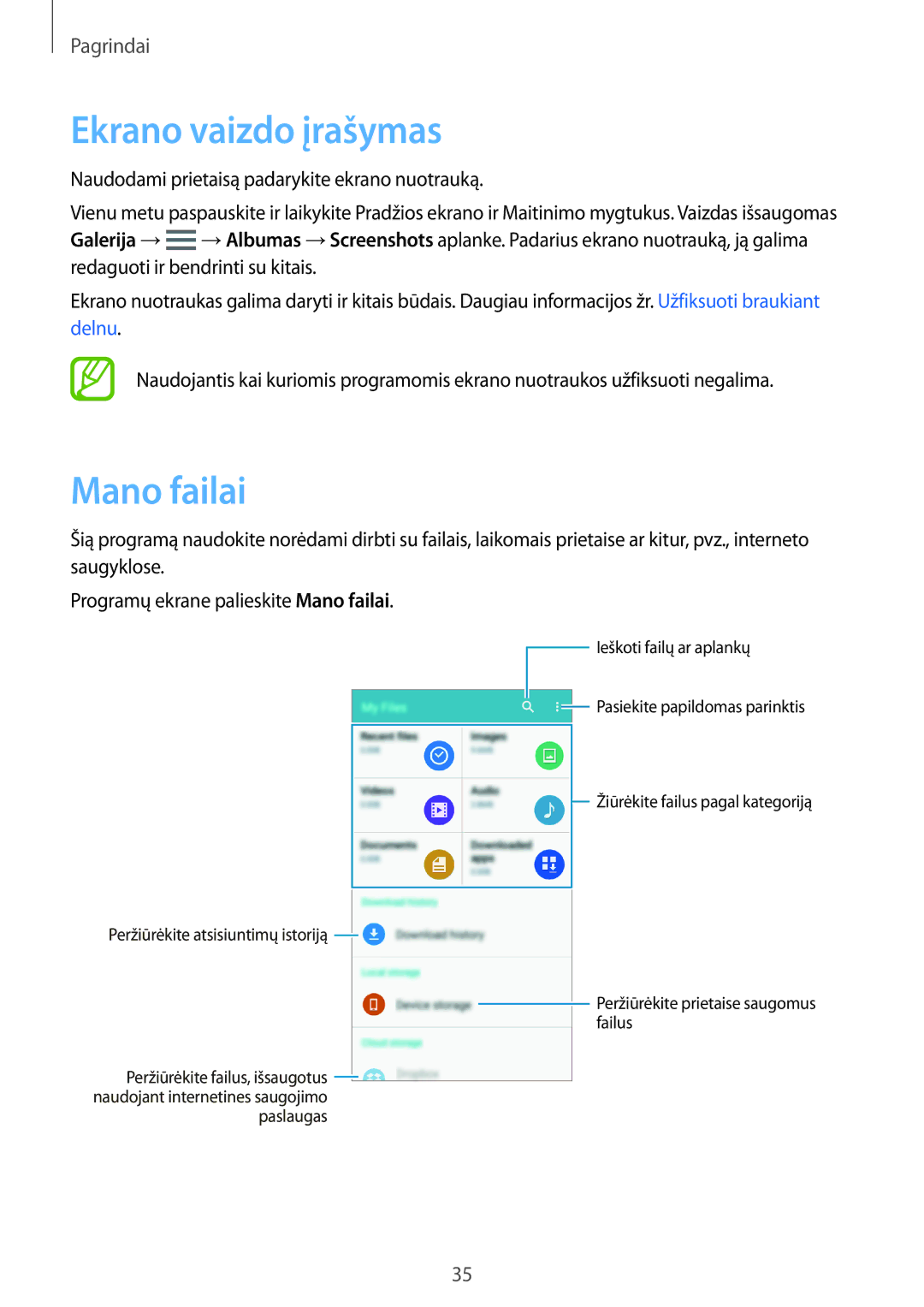 Samsung SM-A500FZDUSEB manual Ekrano vaizdo įrašymas, Mano failai 