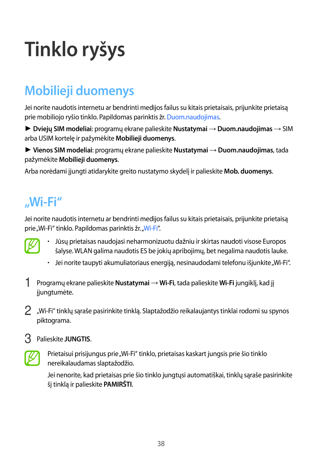 Samsung SM-A500FZDUSEB manual Tinklo ryšys, Mobilieji duomenys, „Wi-Fi 