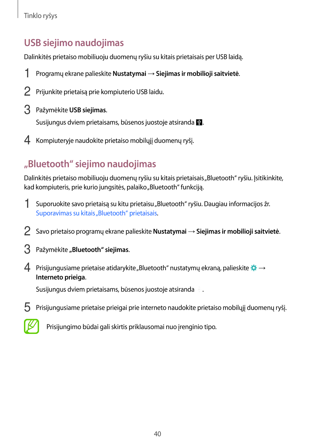 Samsung SM-A500FZDUSEB manual USB siejimo naudojimas, „Bluetooth siejimo naudojimas, Pažymėkite „Bluetooth siejimas 