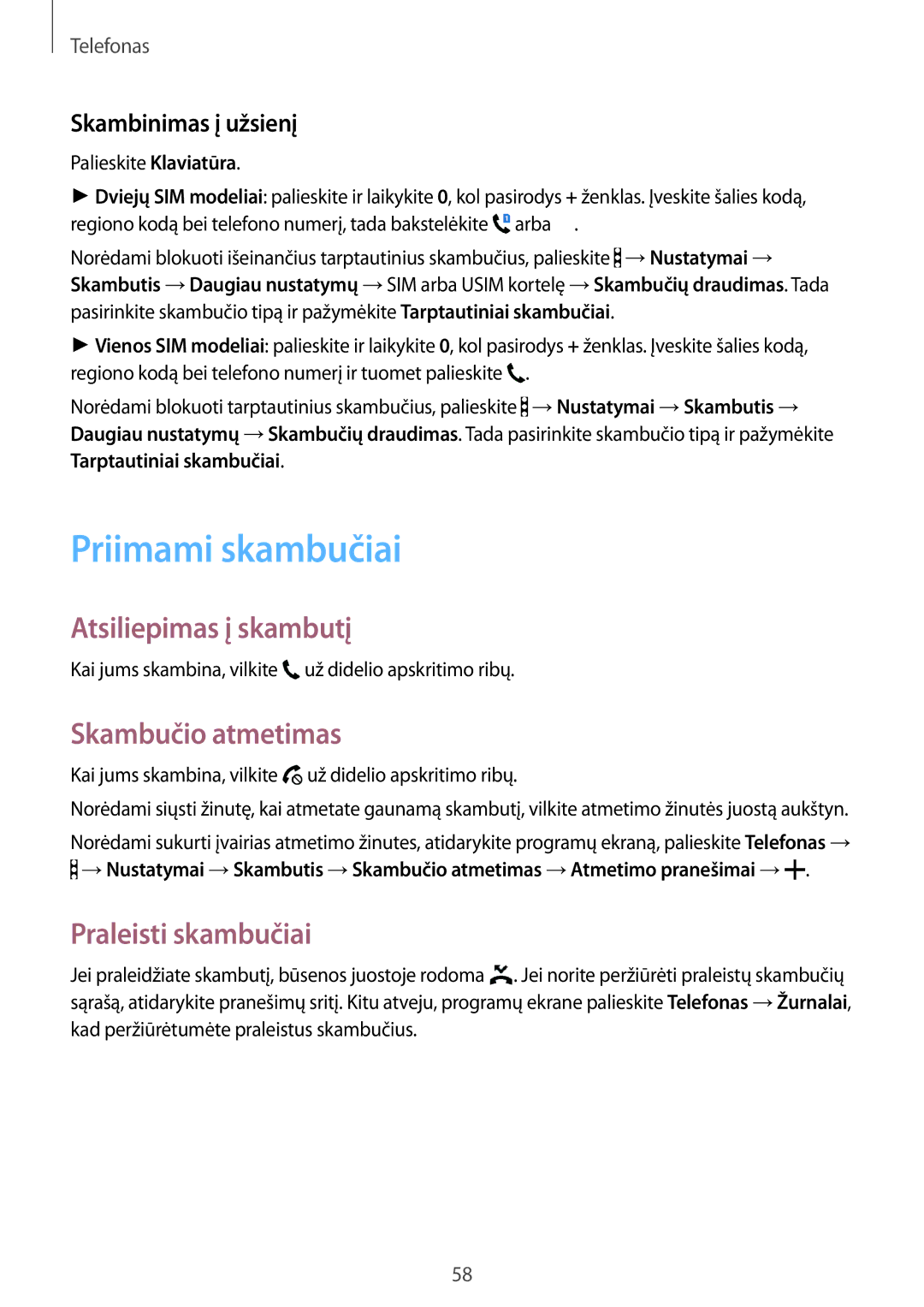 Samsung SM-A500FZDUSEB manual Priimami skambučiai, Atsiliepimas į skambutį, Skambučio atmetimas, Praleisti skambučiai 