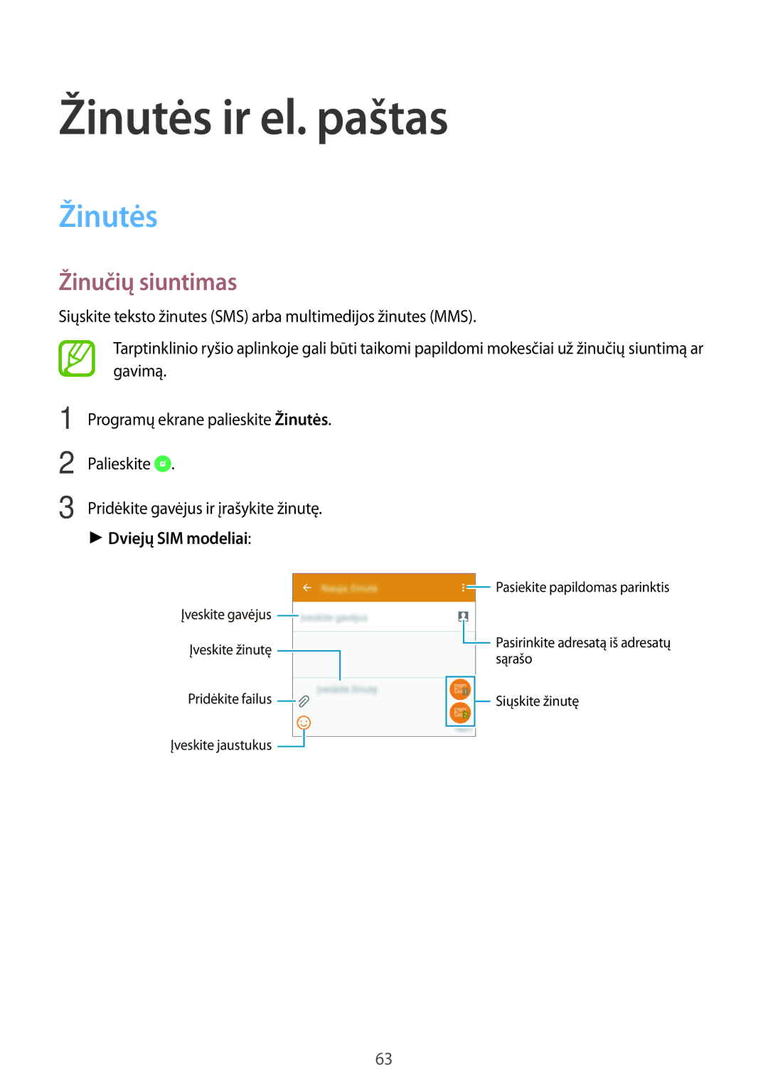 Samsung SM-A500FZDUSEB manual Žinutės ir el. paštas, Žinučių siuntimas, Palieskite, Dviejų SIM modeliai 