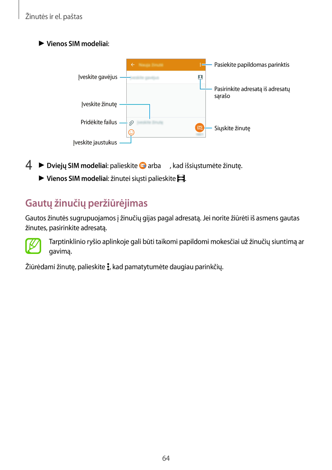 Samsung SM-A500FZDUSEB manual Gautų žinučių peržiūrėjimas, Žinutės ir el. paštas 