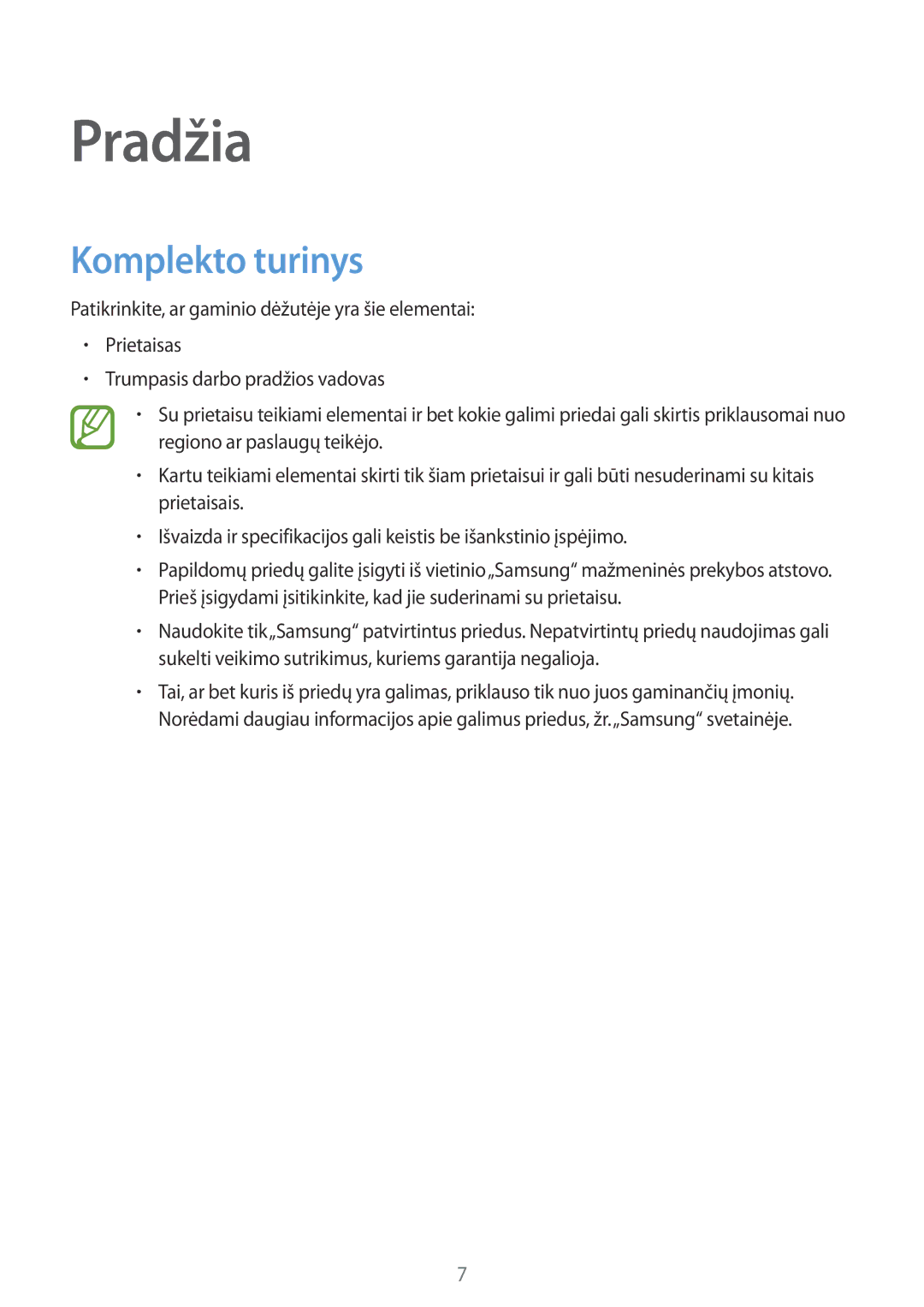 Samsung SM-A500FZDUSEB manual Pradžia, Komplekto turinys 