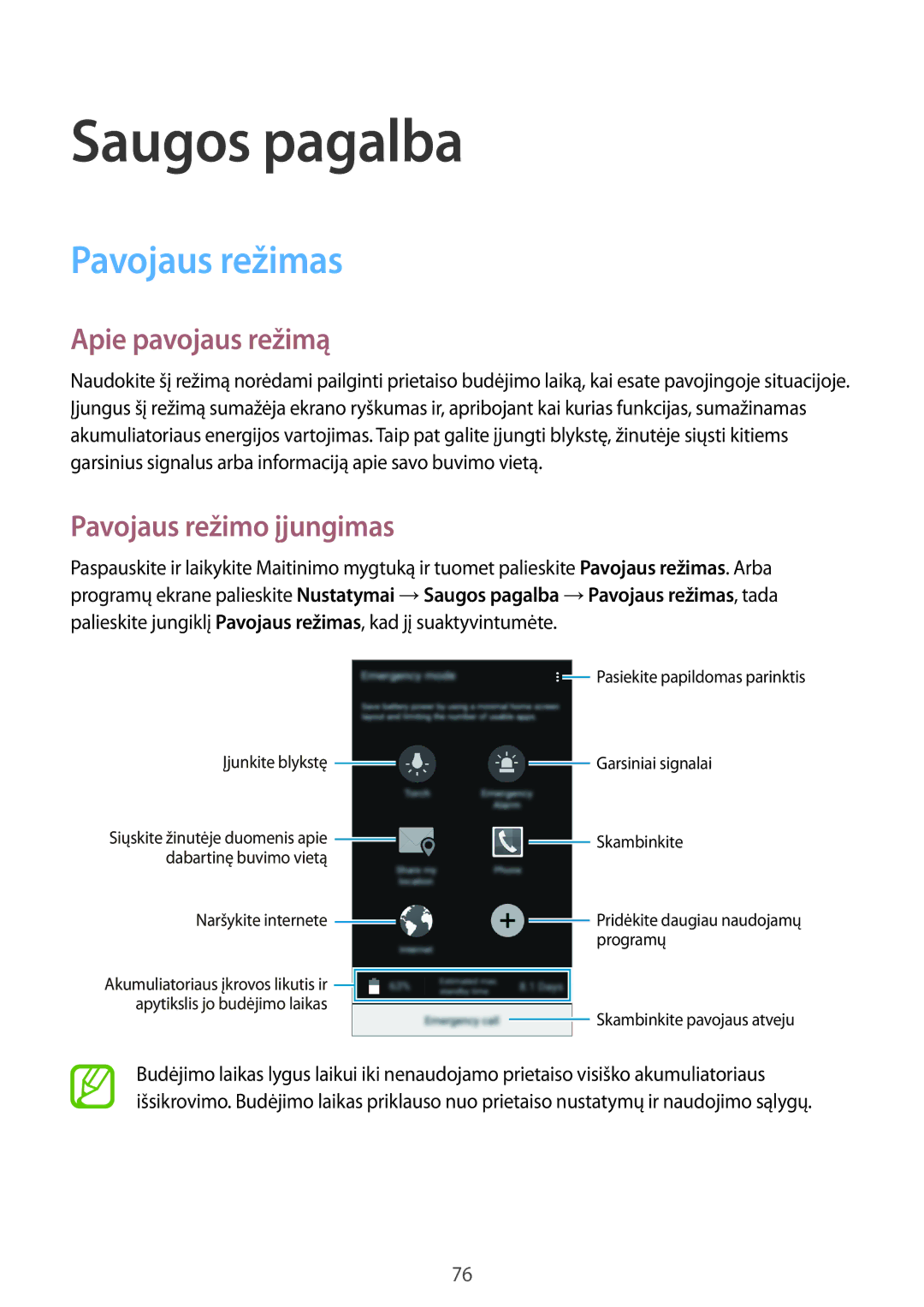 Samsung SM-A500FZDUSEB manual Saugos pagalba, Pavojaus režimas, Apie pavojaus režimą, Pavojaus režimo įjungimas 