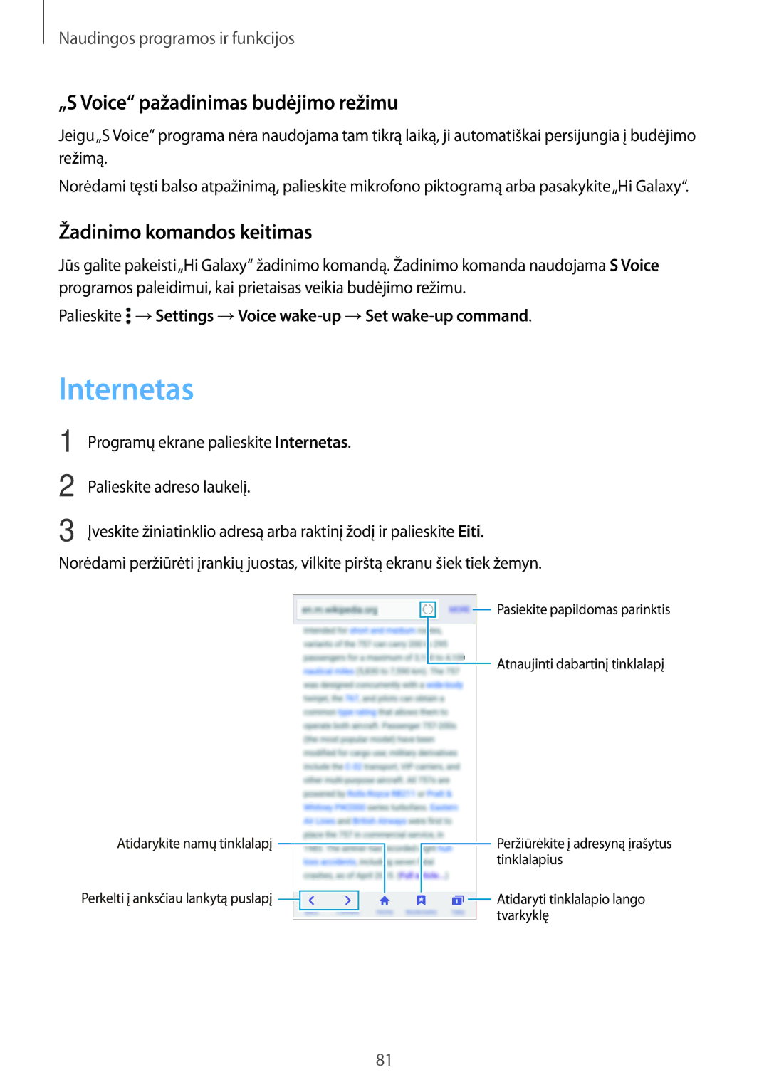 Samsung SM-A500FZDUSEB manual Internetas, „S Voice pažadinimas budėjimo režimu, Žadinimo komandos keitimas 