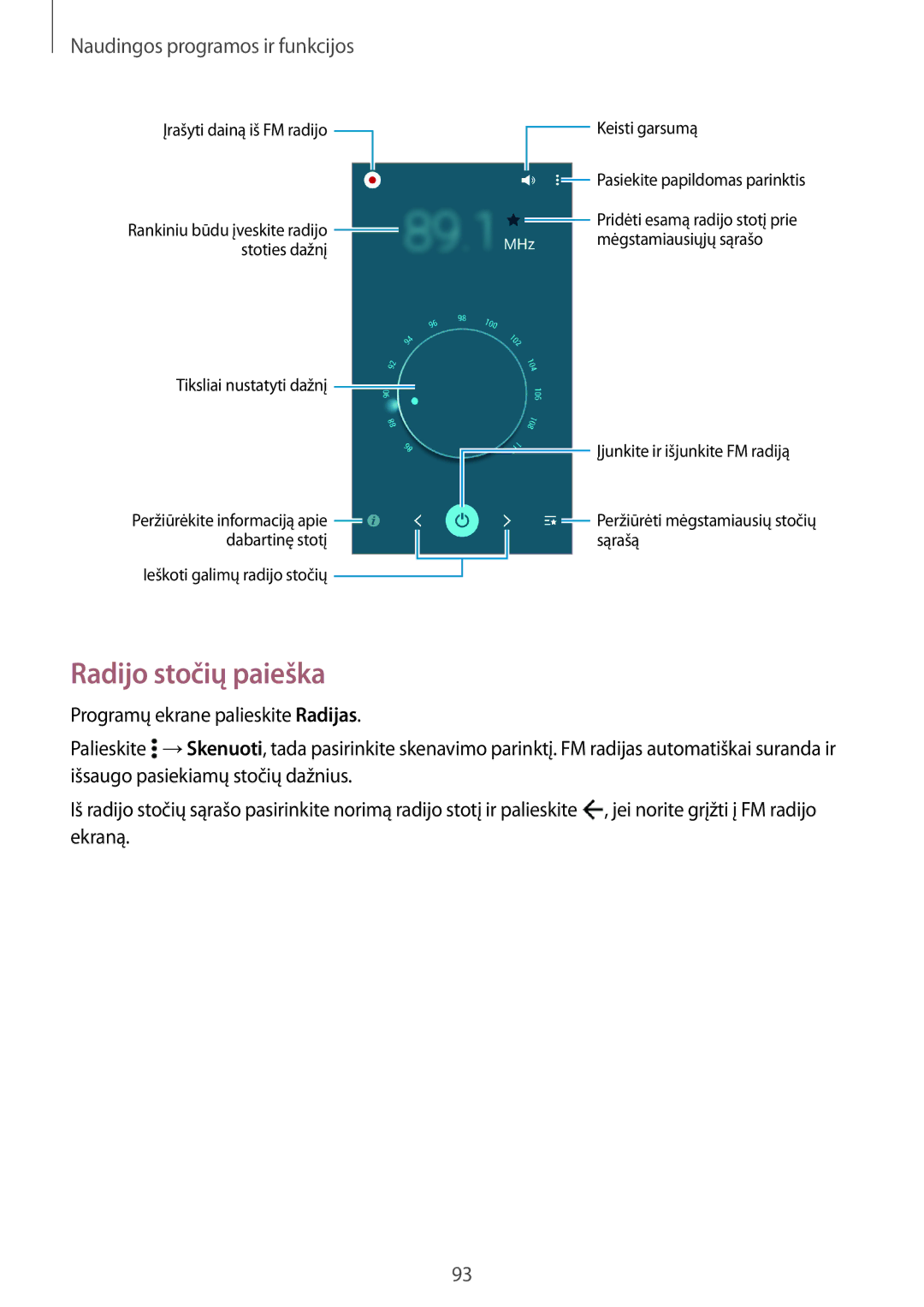 Samsung SM-A500FZDUSEB manual Radijo stočių paieška, Įrašyti dainą iš FM radijo Keisti garsumą 