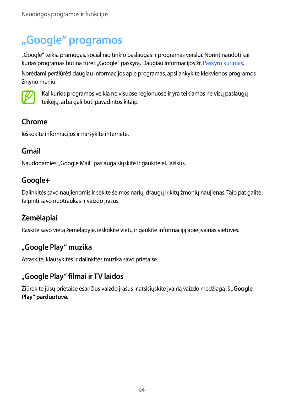 Samsung SM-A500FZDUSEB manual „Google programos, Ieškokite informacijos ir naršykite internete 