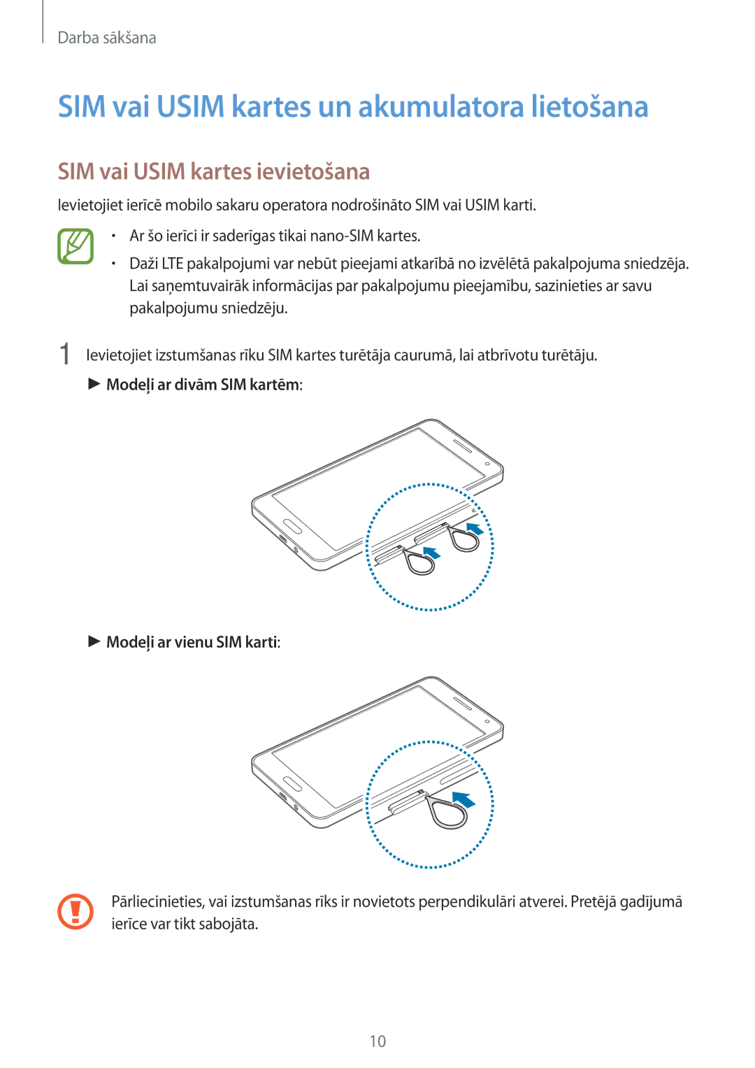 Samsung SM-A500FZDUSEB manual SIM vai Usim kartes ievietošana, Modeļi ar divām SIM kartēm Modeļi ar vienu SIM karti 