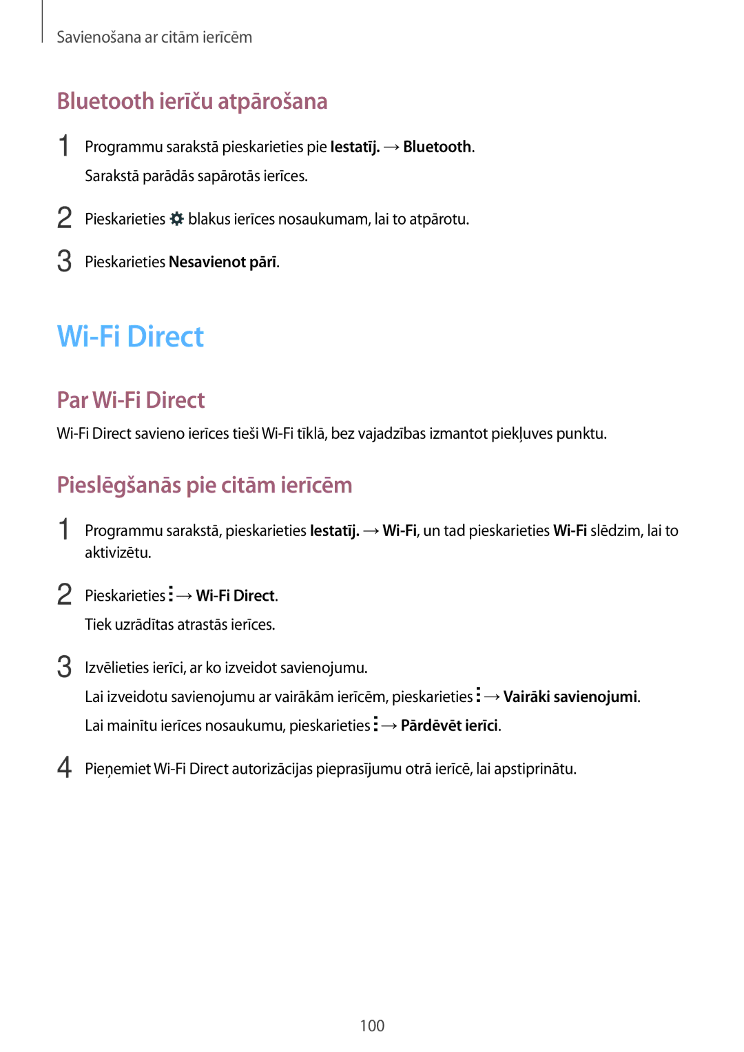 Samsung SM-A500FZDUSEB manual Bluetooth ierīču atpārošana, Par Wi-Fi Direct, Pieslēgšanās pie citām ierīcēm 