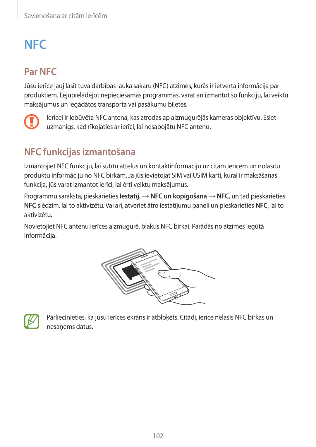 Samsung SM-A500FZDUSEB manual Par NFC, NFC funkcijas izmantošana 
