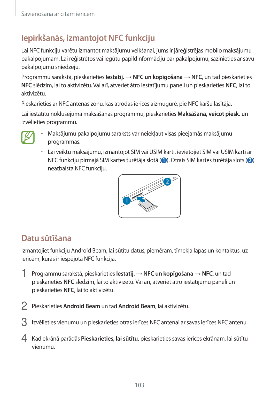 Samsung SM-A500FZDUSEB manual Iepirkšanās, izmantojot NFC funkciju, Datu sūtīšana 