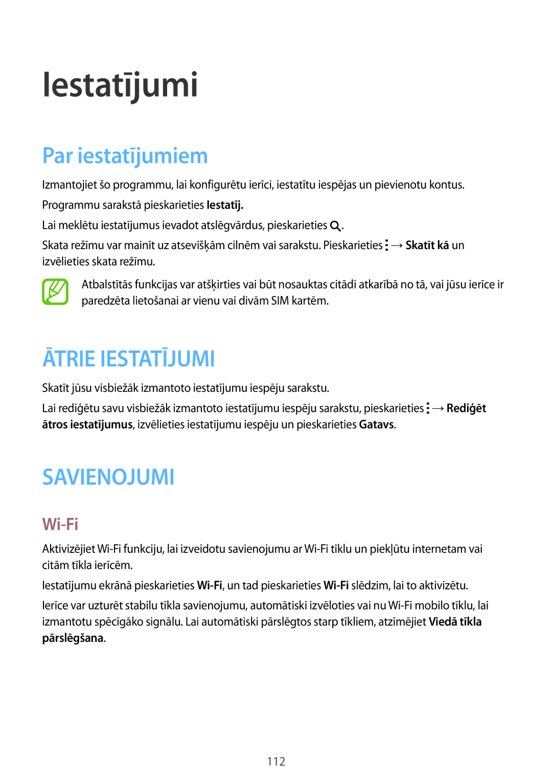 Samsung SM-A500FZDUSEB manual Iestatījumi, Par iestatījumiem, Wi-Fi, Pārslēgšana 