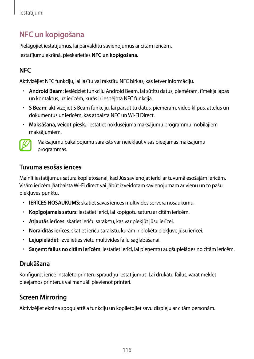 Samsung SM-A500FZDUSEB manual NFC un kopīgošana, Tuvumā esošās ierīces, Drukāšana, Screen Mirroring 