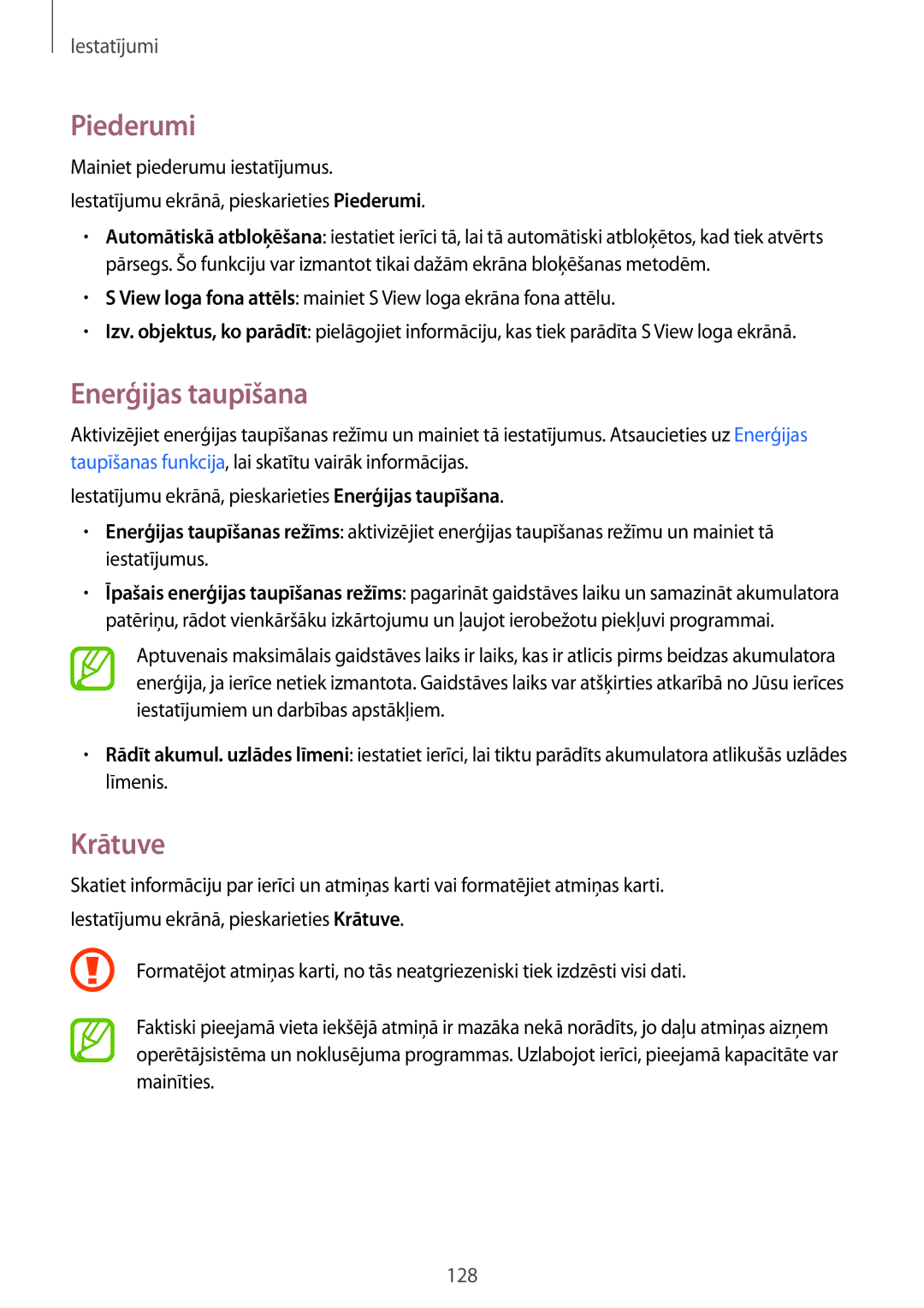 Samsung SM-A500FZDUSEB manual Piederumi, Enerģijas taupīšana, Krātuve 