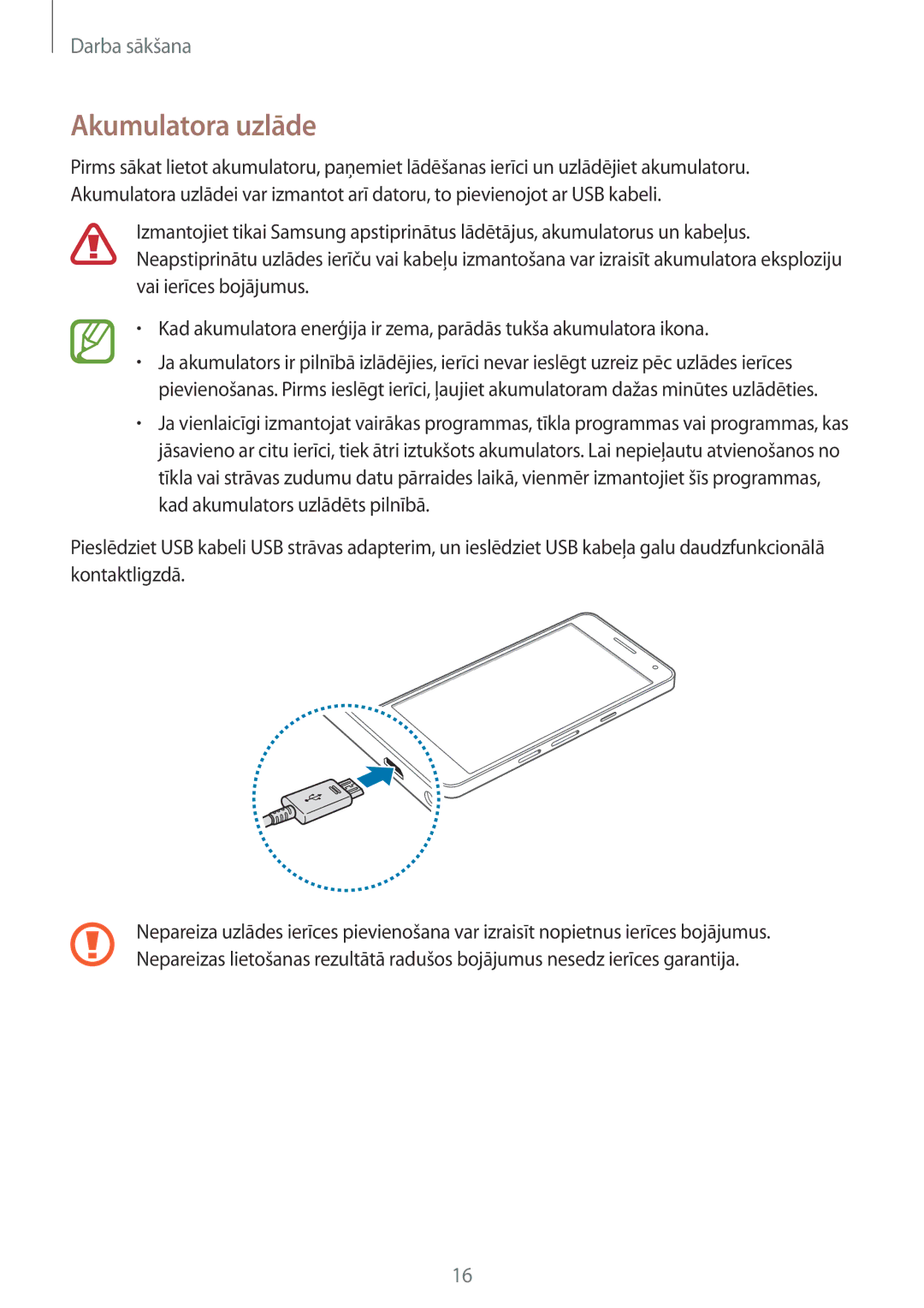 Samsung SM-A500FZDUSEB manual Akumulatora uzlāde 