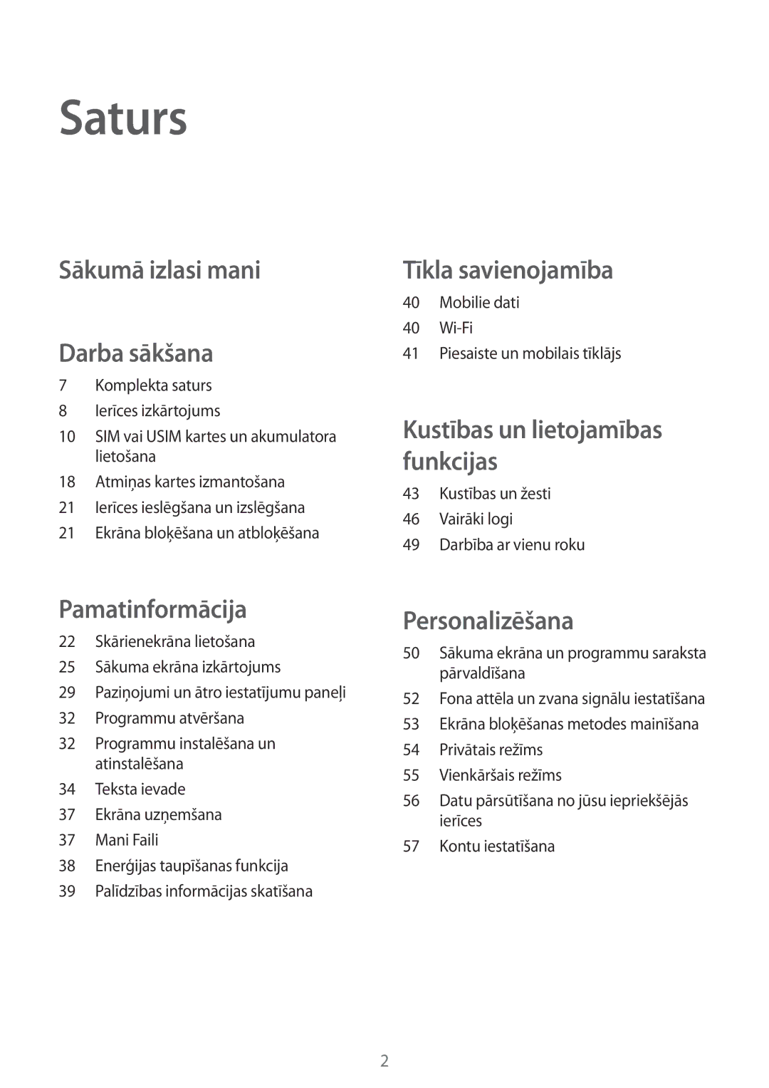 Samsung SM-A500FZDUSEB manual Saturs, Sākumā izlasi mani Darba sākšana 