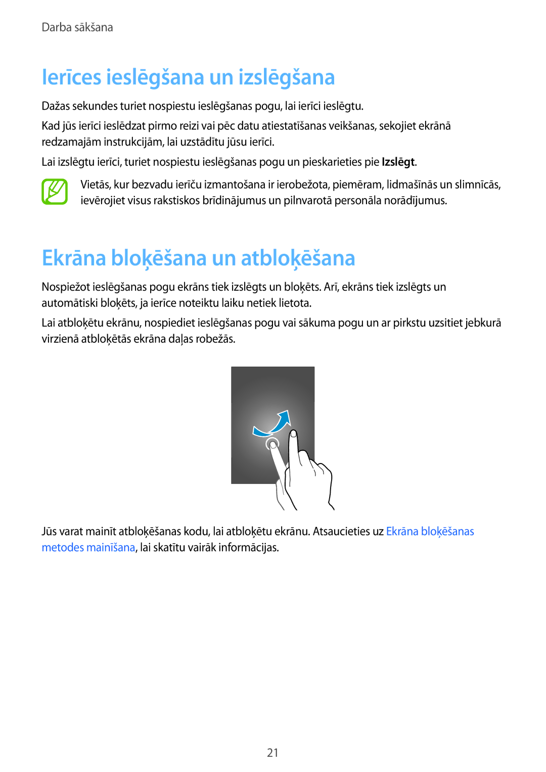 Samsung SM-A500FZDUSEB manual Ierīces ieslēgšana un izslēgšana, Ekrāna bloķēšana un atbloķēšana 