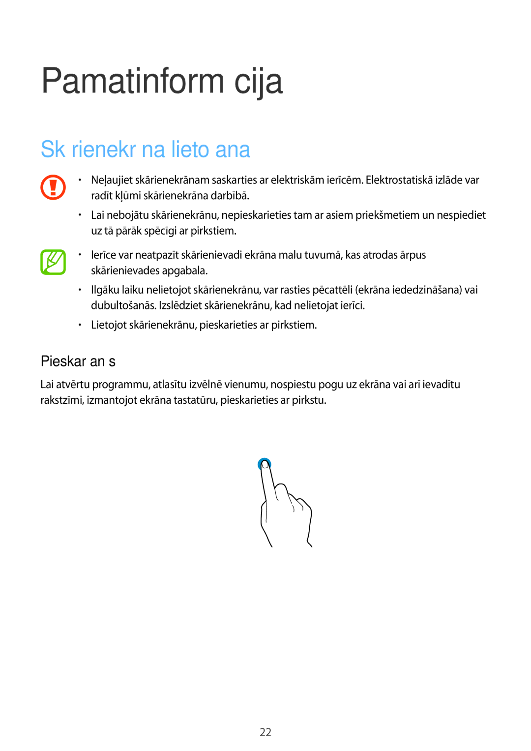 Samsung SM-A500FZDUSEB manual Pamatinformācija, Skārienekrāna lietošana, Pieskaršanās 