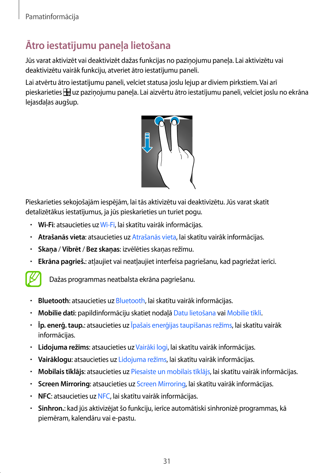 Samsung SM-A500FZDUSEB manual Ātro iestatījumu paneļa lietošana 