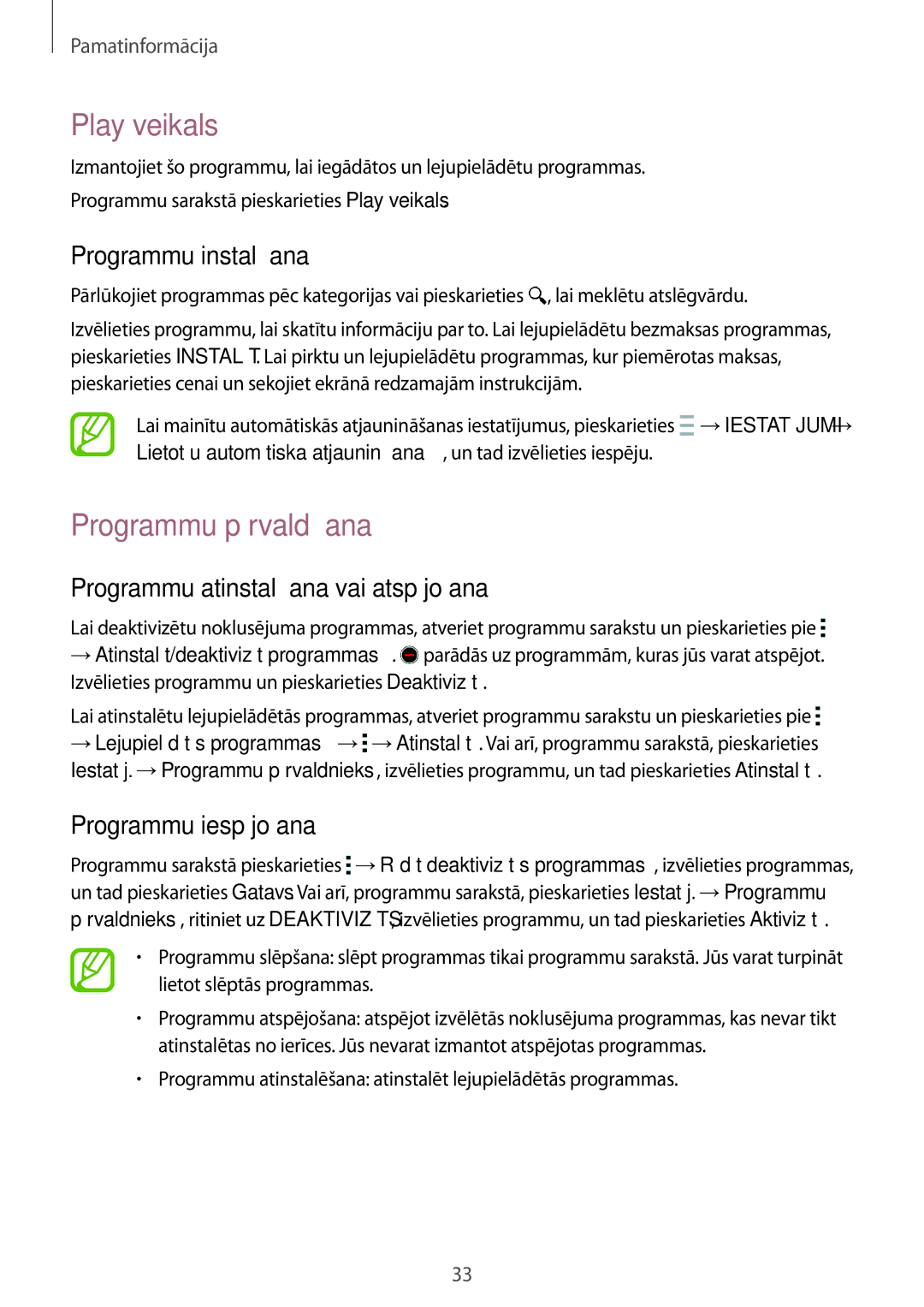 Samsung SM-A500FZDUSEB manual Play veikals, Programmu pārvaldīšana, Programmu atinstalēšana vai atspējošana 