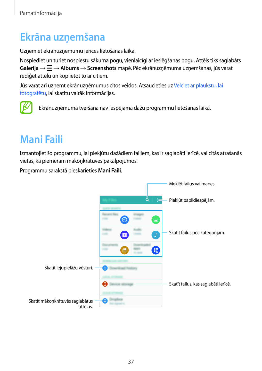 Samsung SM-A500FZDUSEB manual Ekrāna uzņemšana, Mani Faili 