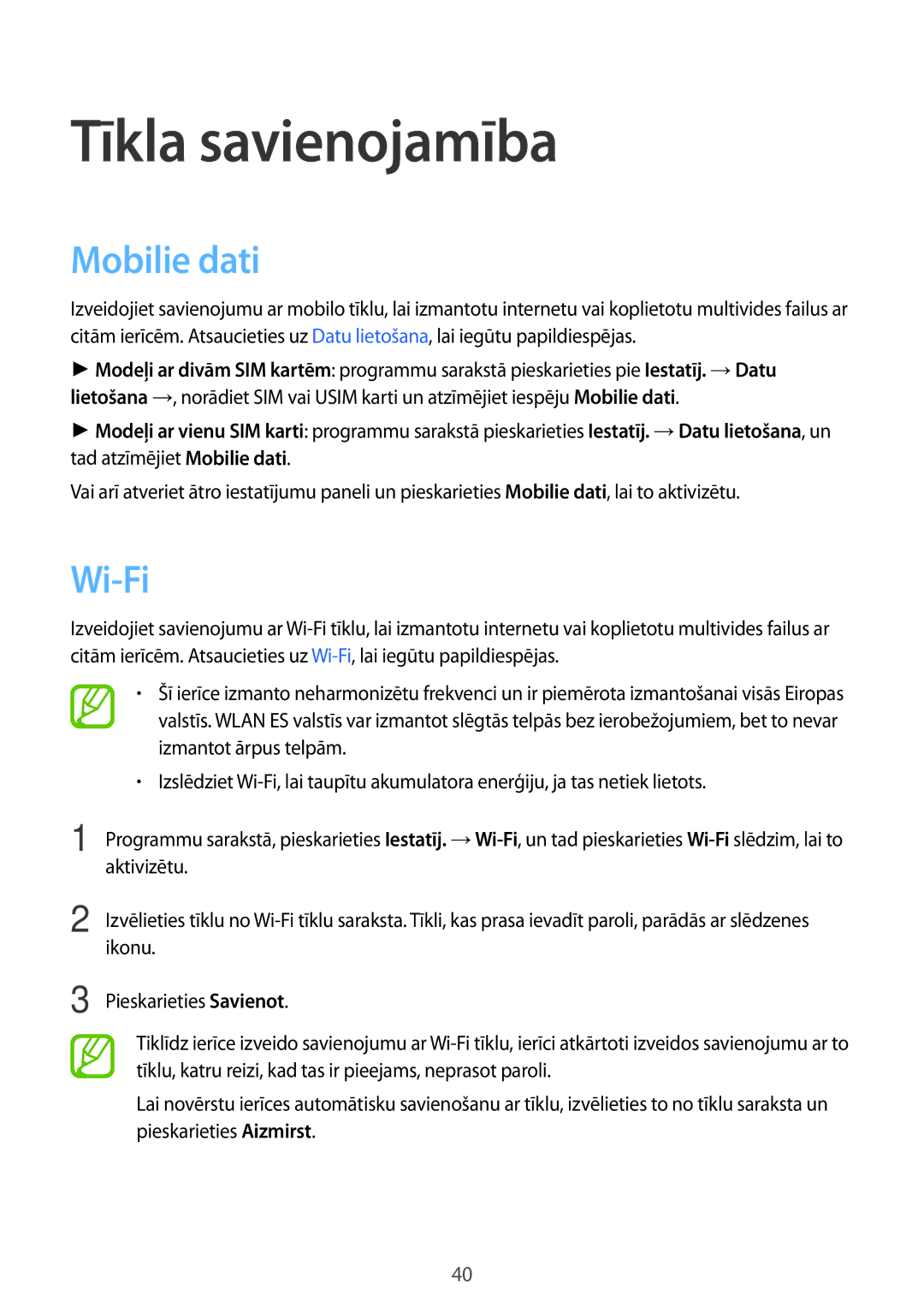 Samsung SM-A500FZDUSEB manual Tīkla savienojamība, Mobilie dati, Wi-Fi 