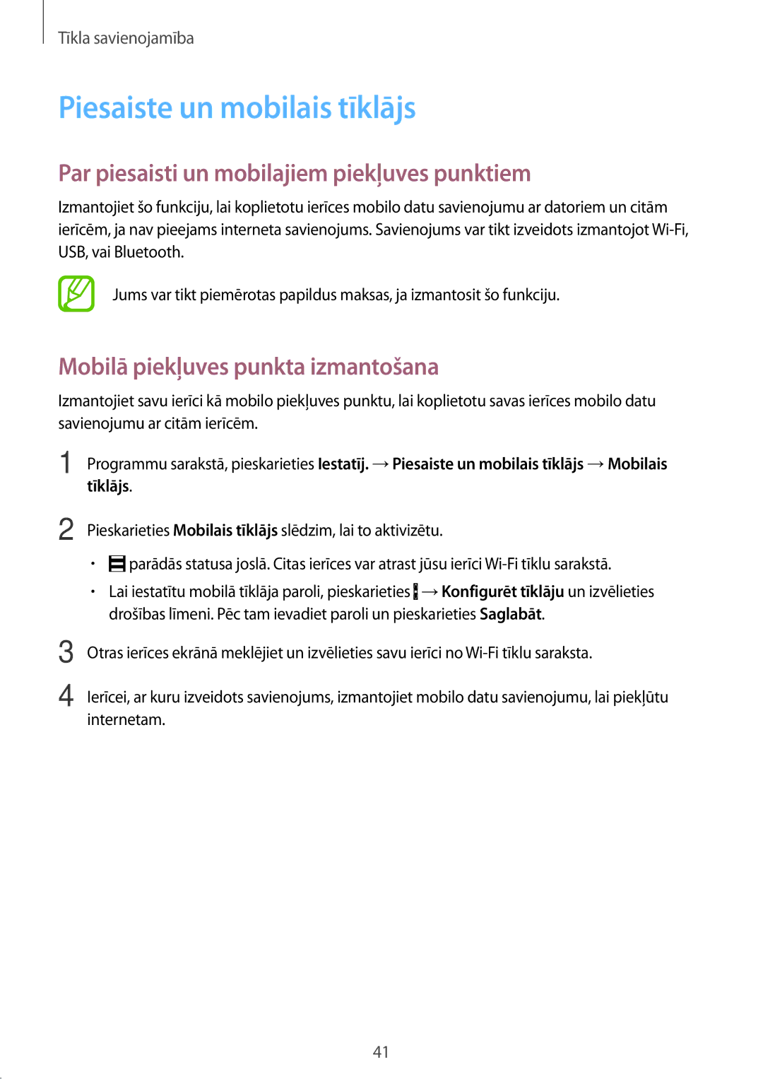 Samsung SM-A500FZDUSEB manual Piesaiste un mobilais tīklājs, Par piesaisti un mobilajiem piekļuves punktiem 