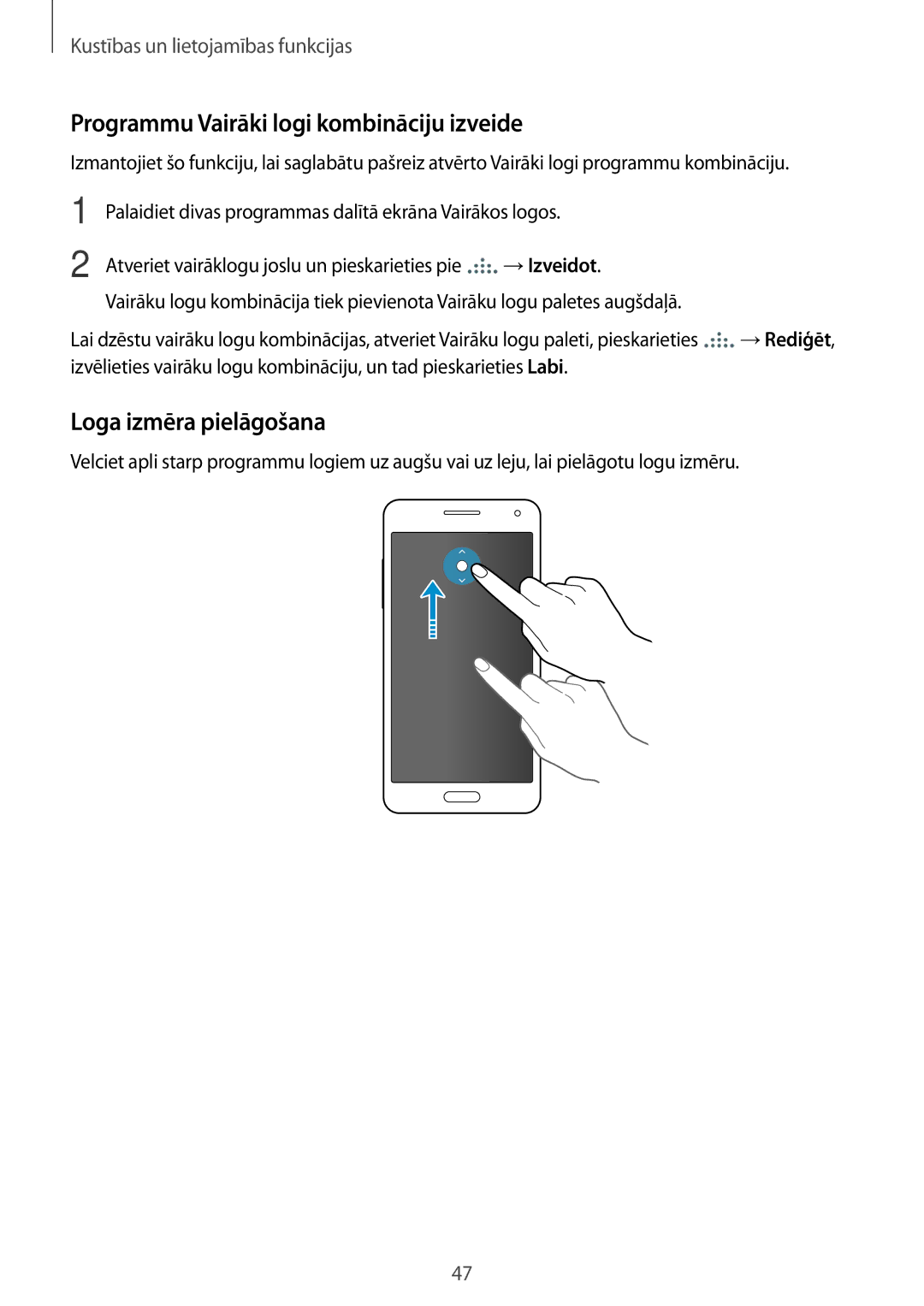 Samsung SM-A500FZDUSEB manual Programmu Vairāki logi kombināciju izveide, Loga izmēra pielāgošana 