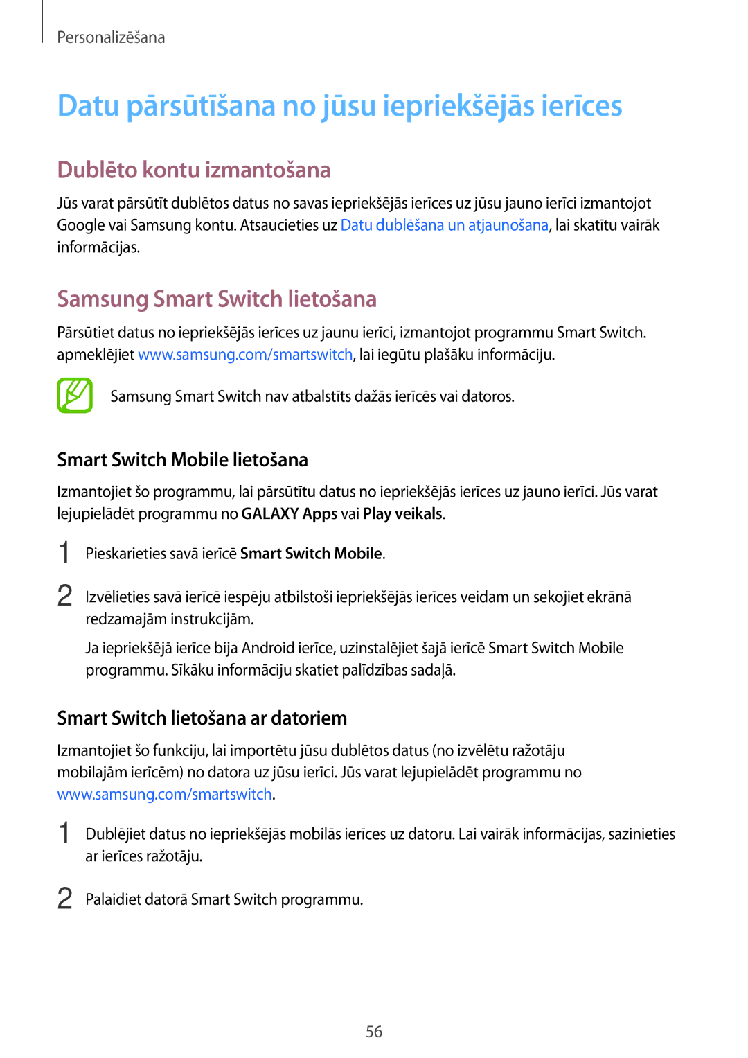 Samsung SM-A500FZDUSEB manual Datu pārsūtīšana no jūsu iepriekšējās ierīces, Dublēto kontu izmantošana 