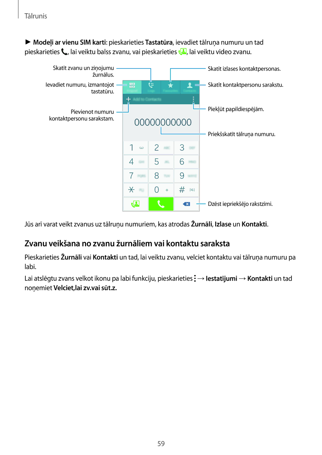 Samsung SM-A500FZDUSEB manual Zvanu veikšana no zvanu žurnāliem vai kontaktu saraksta, Tālrunis 