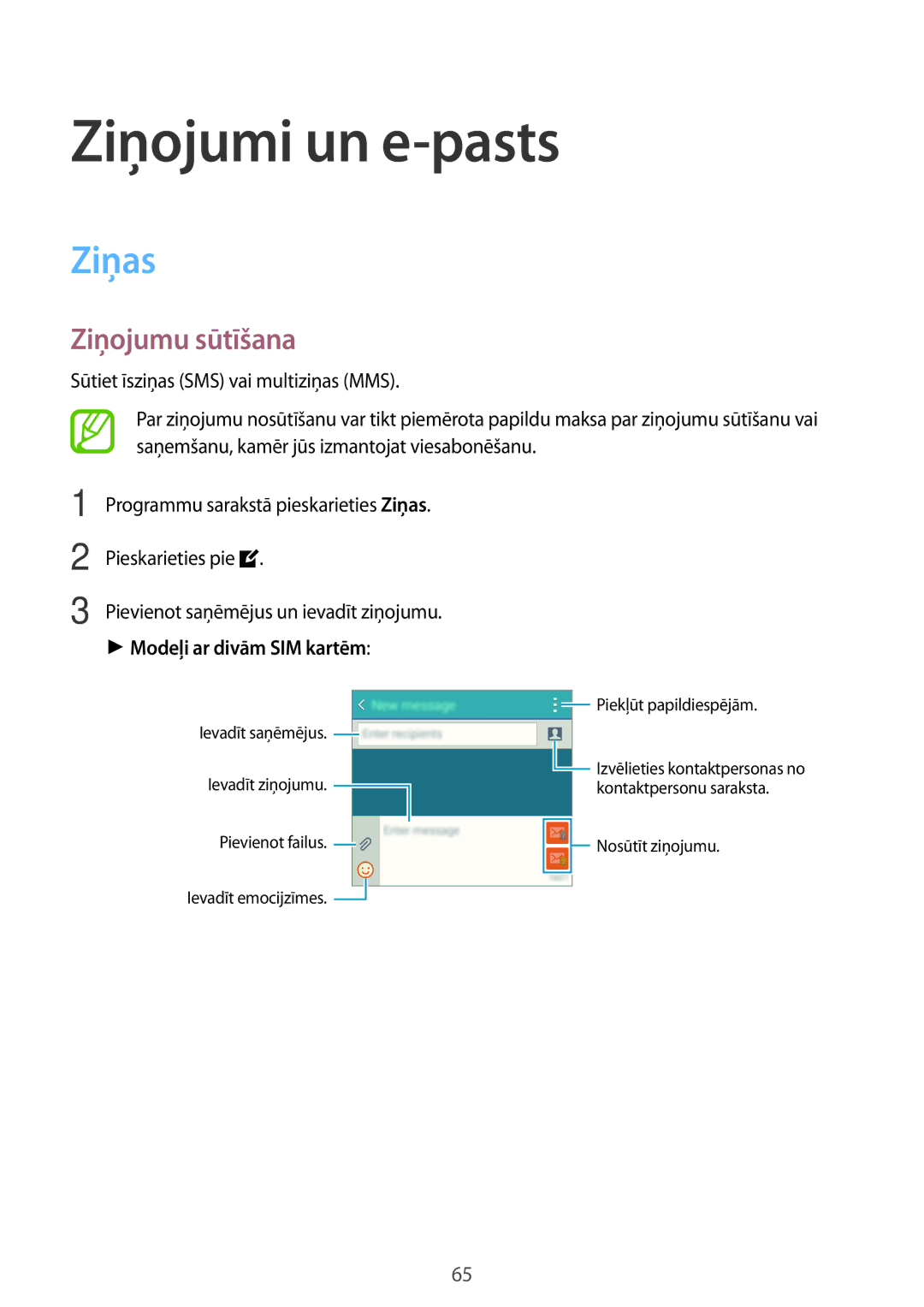 Samsung SM-A500FZDUSEB manual Ziņojumi un e-pasts, Ziņas, Ziņojumu sūtīšana, Modeļi ar divām SIM kartēm 