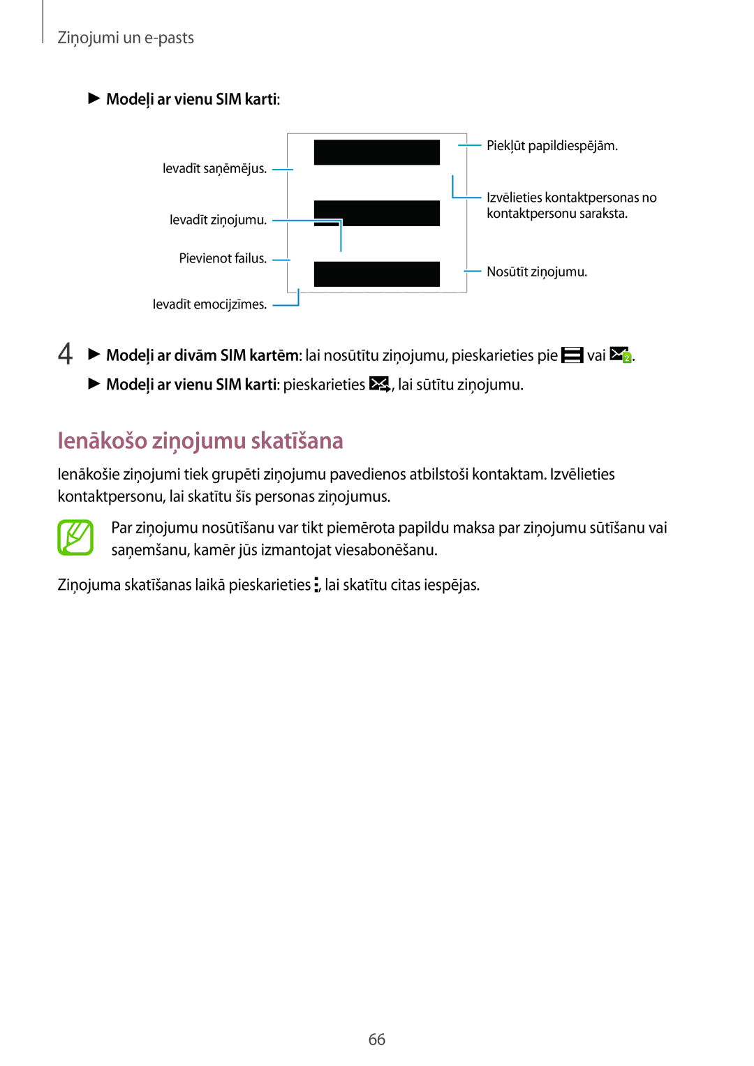 Samsung SM-A500FZDUSEB manual Ienākošo ziņojumu skatīšana, Ziņojumi un e-pasts 