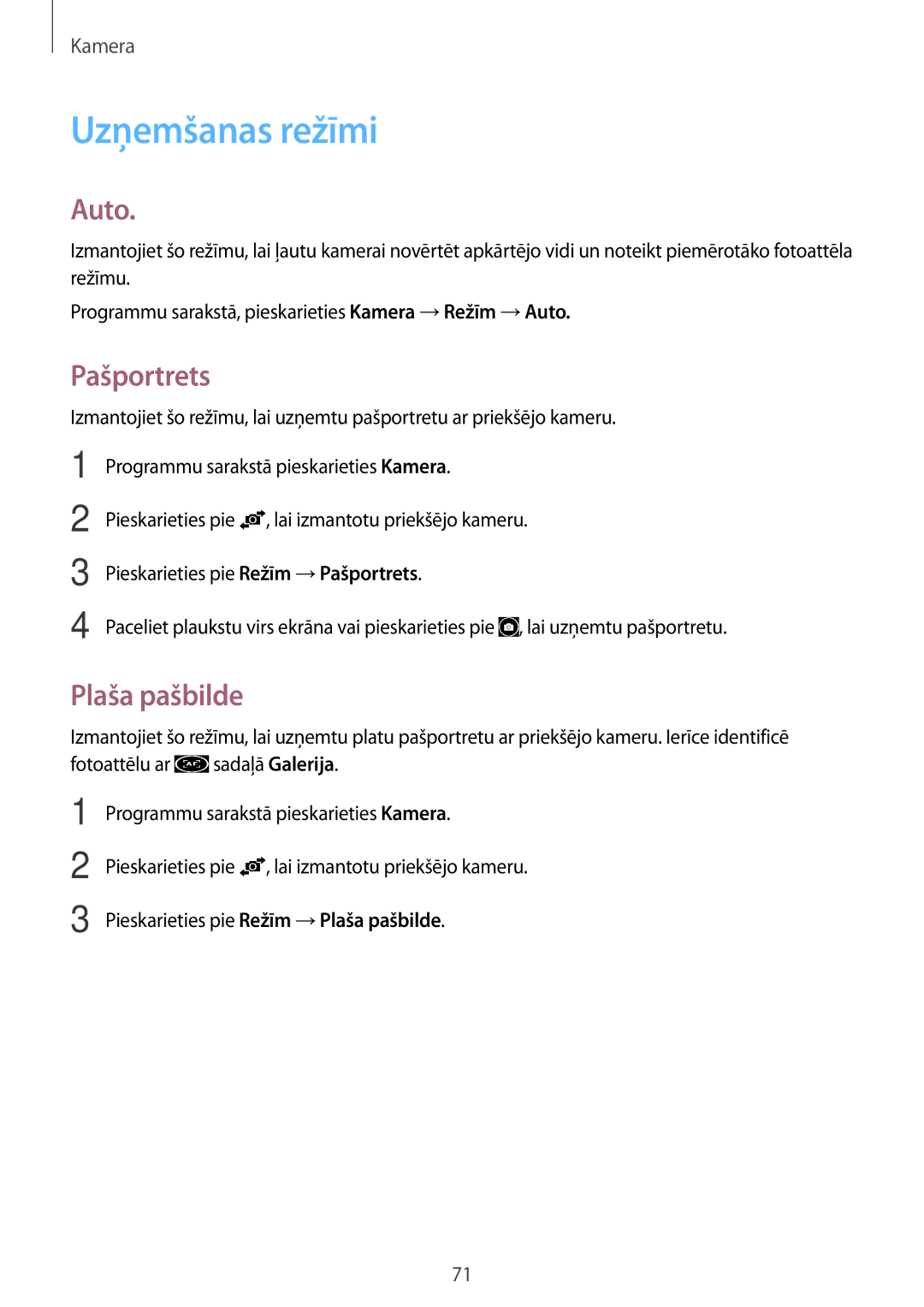 Samsung SM-A500FZDUSEB manual Uzņemšanas režīmi, Auto, Pašportrets, Plaša pašbilde 