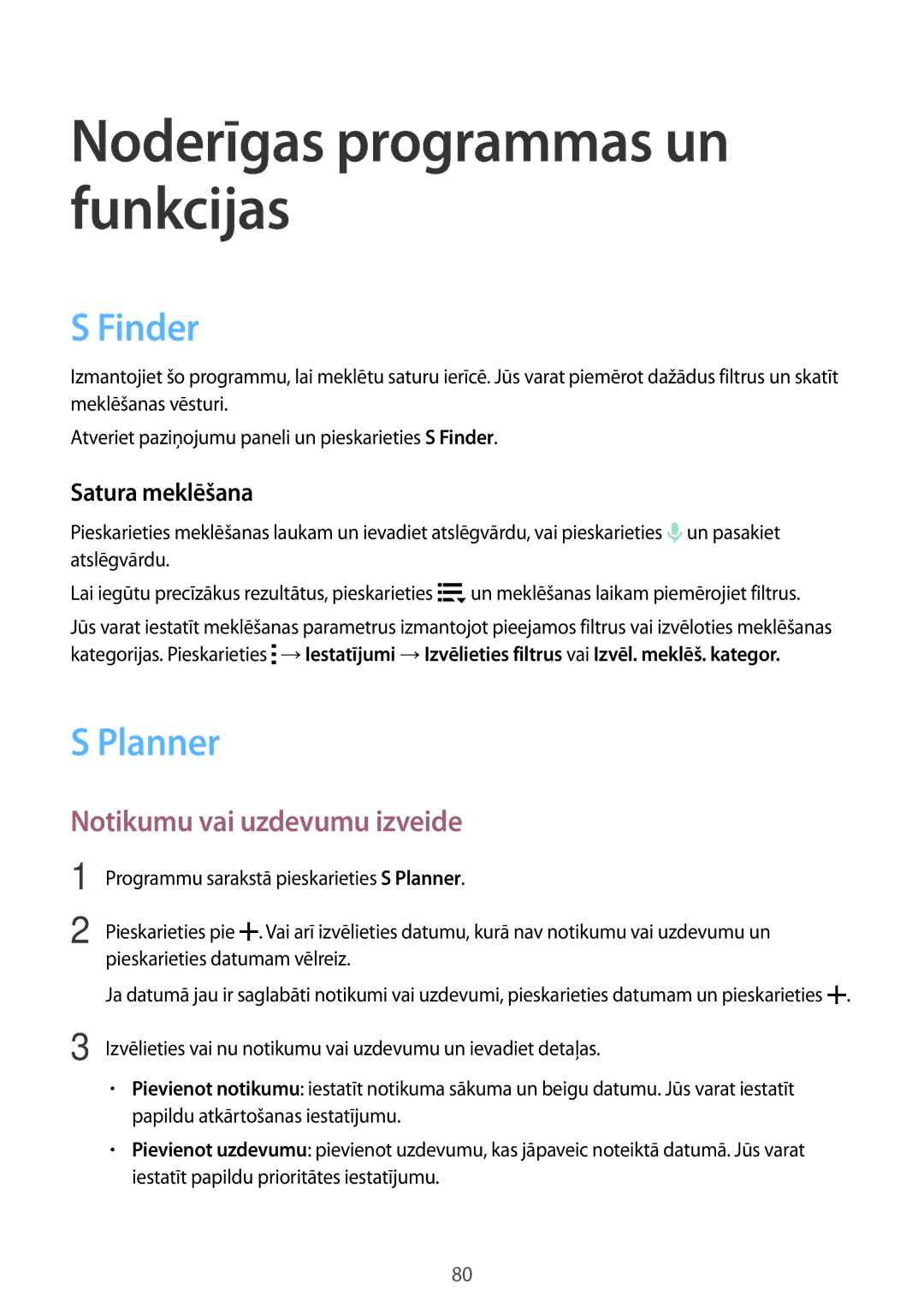 Samsung SM-A500FZDUSEB manual Finder, Planner, Notikumu vai uzdevumu izveide, Satura meklēšana 