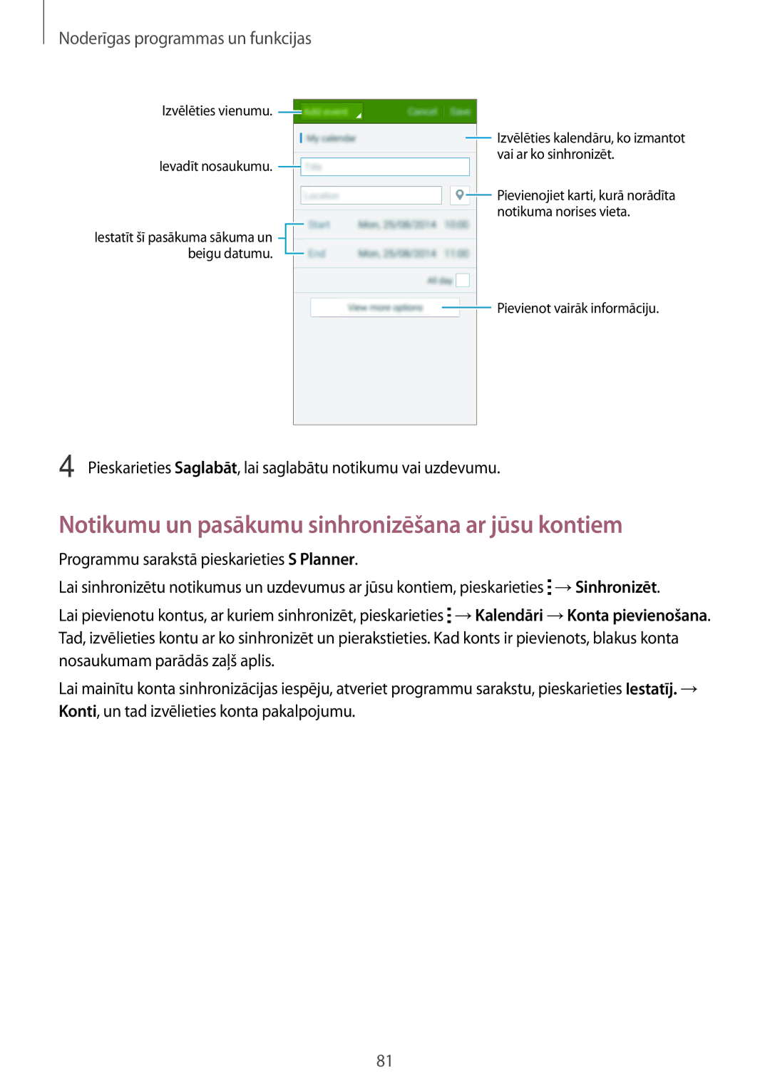 Samsung SM-A500FZDUSEB manual Notikumu un pasākumu sinhronizēšana ar jūsu kontiem, Noderīgas programmas un funkcijas 