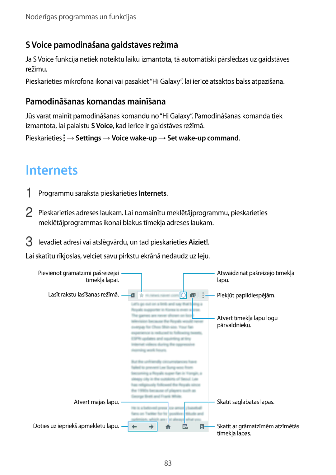 Samsung SM-A500FZDUSEB manual Internets, Voice pamodināšana gaidstāves režīmā, Pamodināšanas komandas mainīšana 