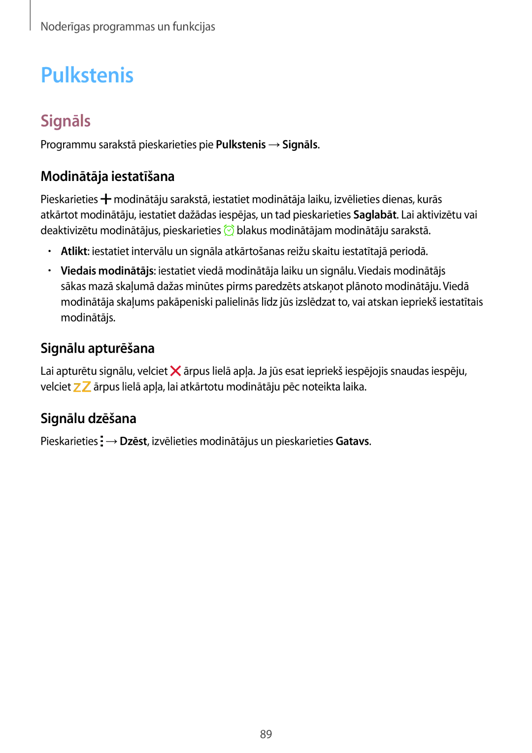 Samsung SM-A500FZDUSEB manual Pulkstenis, Signāls, Modinātāja iestatīšana, Signālu apturēšana, Signālu dzēšana 