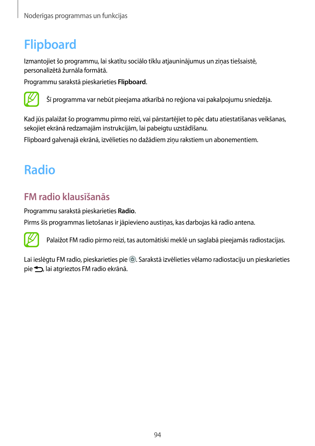 Samsung SM-A500FZDUSEB manual Flipboard, Radio, FM radio klausīšanās 