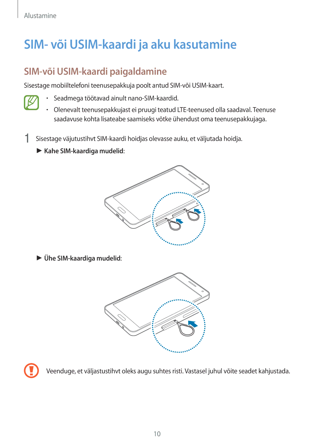 Samsung SM-A500FZDUSEB manual SIM- või USIM-kaardi ja aku kasutamine, SIM-või USIM-kaardi paigaldamine 