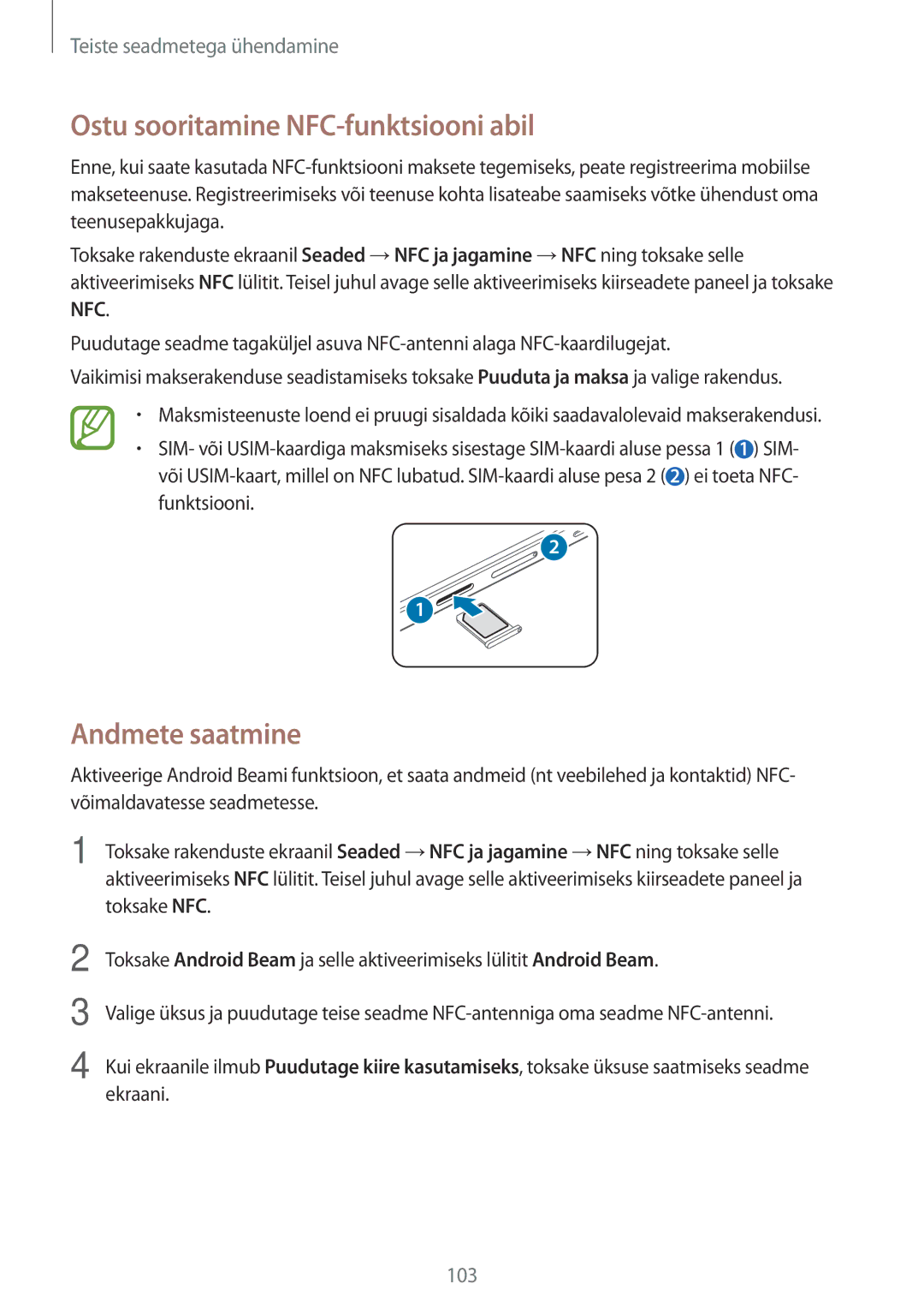 Samsung SM-A500FZDUSEB manual Ostu sooritamine NFC-funktsiooni abil, Andmete saatmine 