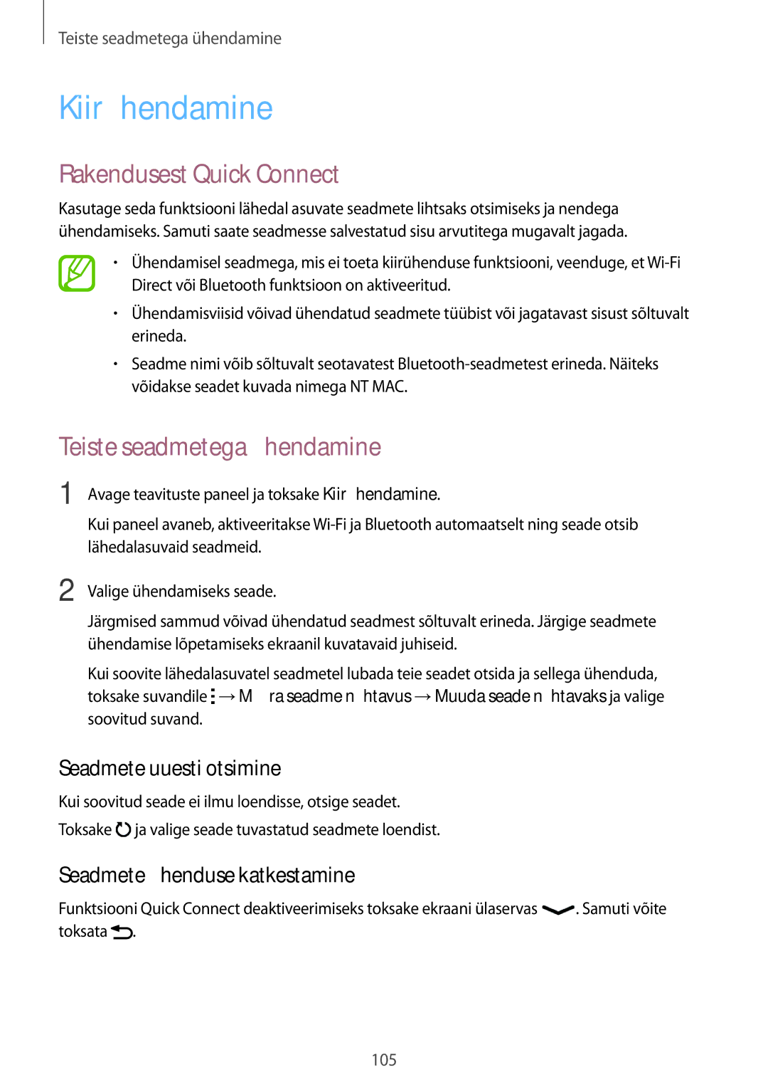 Samsung SM-A500FZDUSEB Kiirühendamine, Rakendusest Quick Connect, Seadmete uuesti otsimine, Seadmete ühenduse katkestamine 