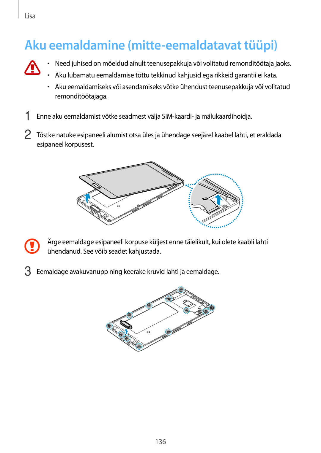 Samsung SM-A500FZDUSEB manual Aku eemaldamine mitte-eemaldatavat tüüpi, 136 